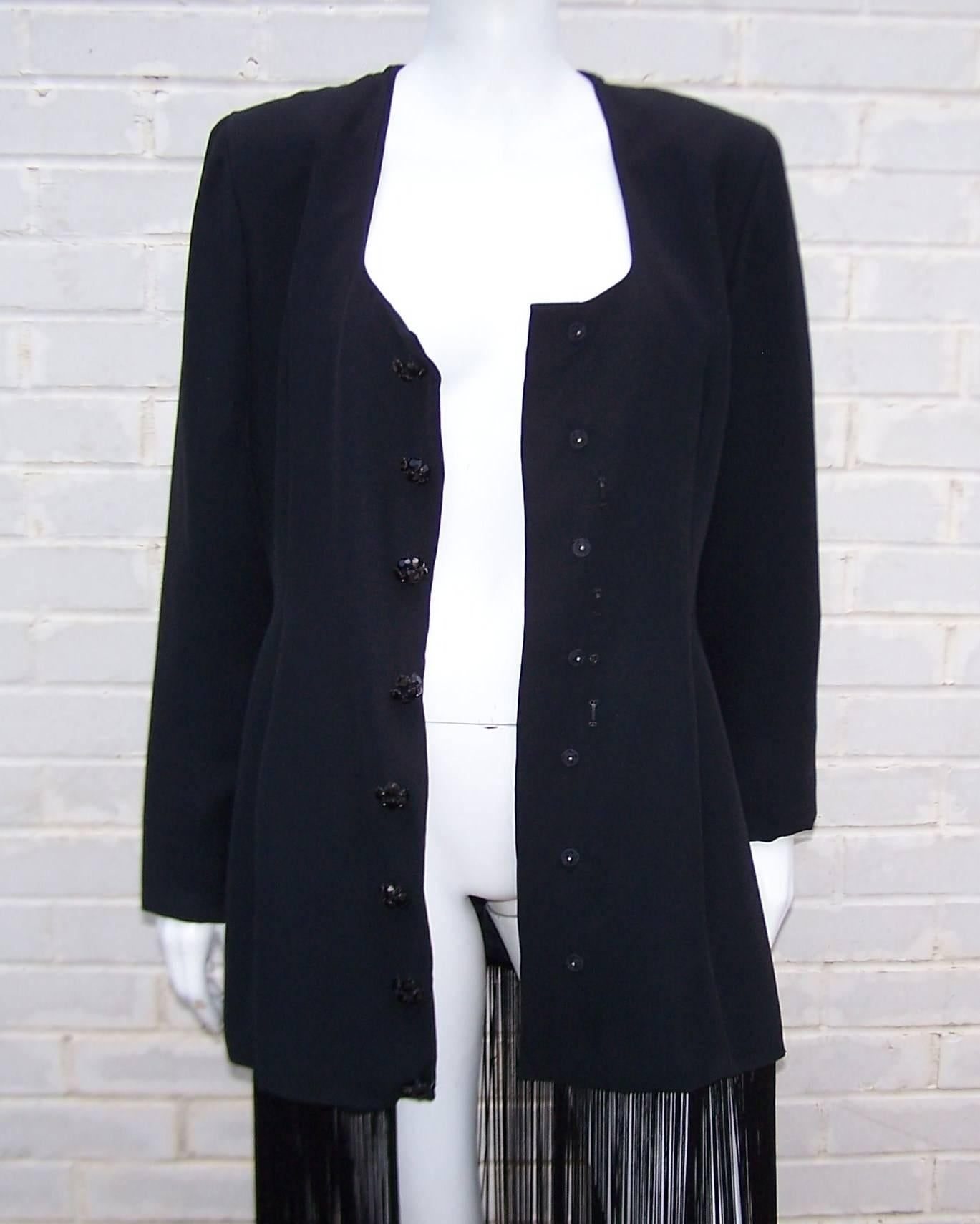 1980's Black Crepe Jacket or Dress With Fringe Benefits 3