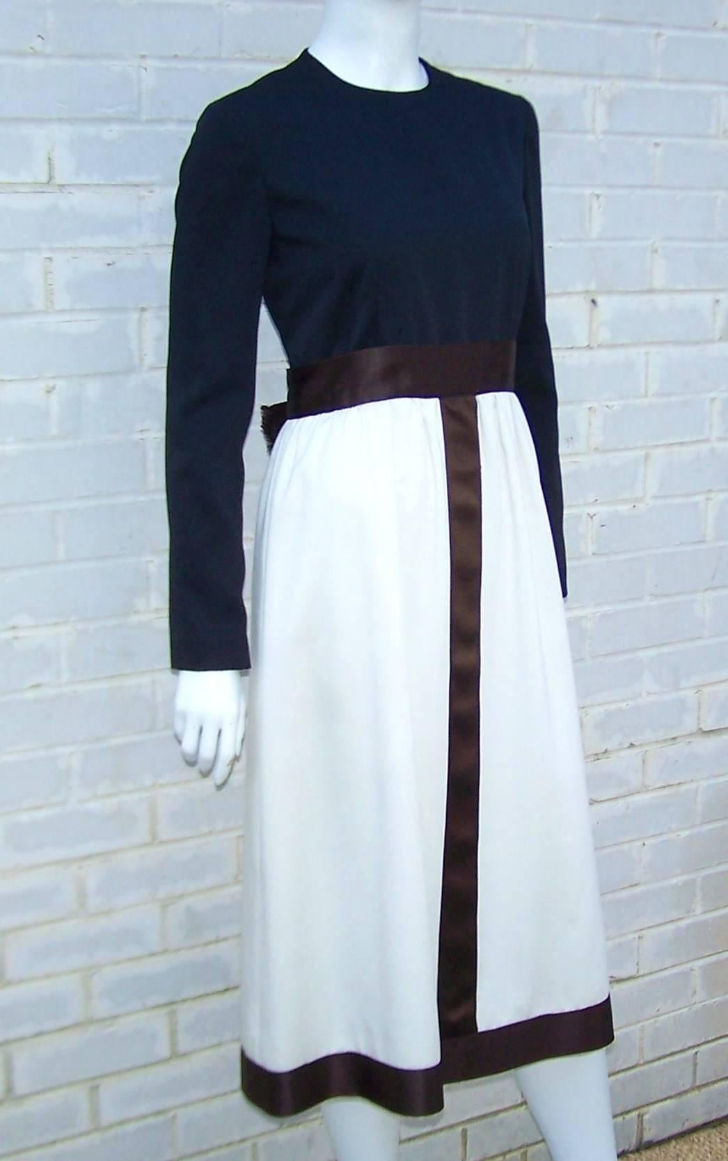 Gray Color Block C.1980 Rodrigues for Peter Clements Satin Dress