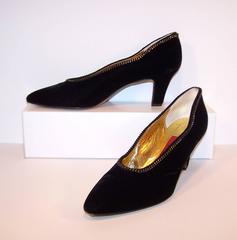 1980's Philippe Model Stylized Black Velvet Pumps With Gold Chain Details
