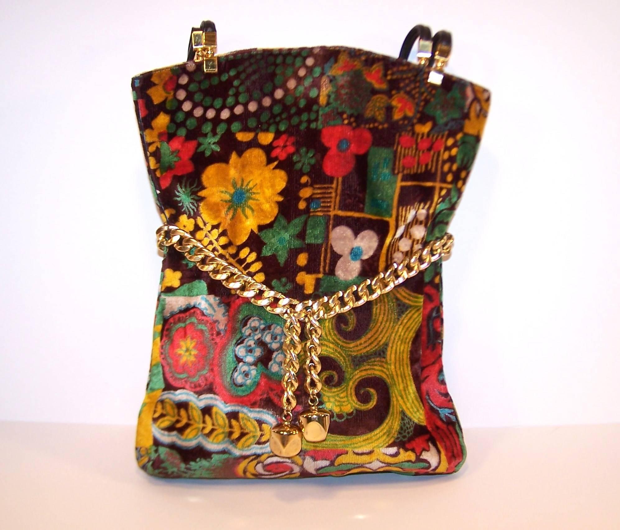 Women's Mod 1960's Harry Rosenfeld Floral Velvet Handbag With Gold Chain Detail