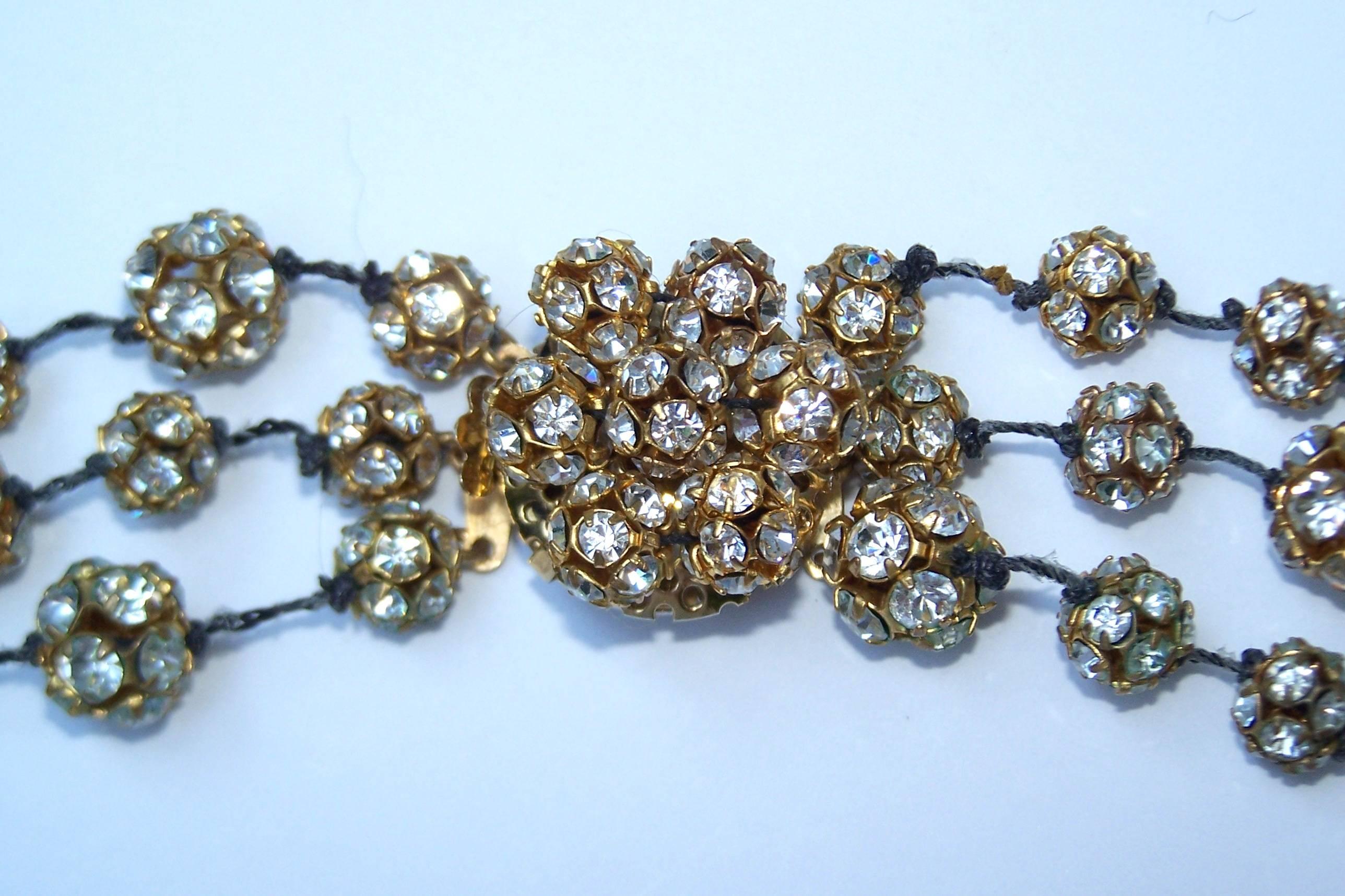 Vintage Lisa Marinucci Three Strand Brilliant Rhinestone Orb Necklace 1