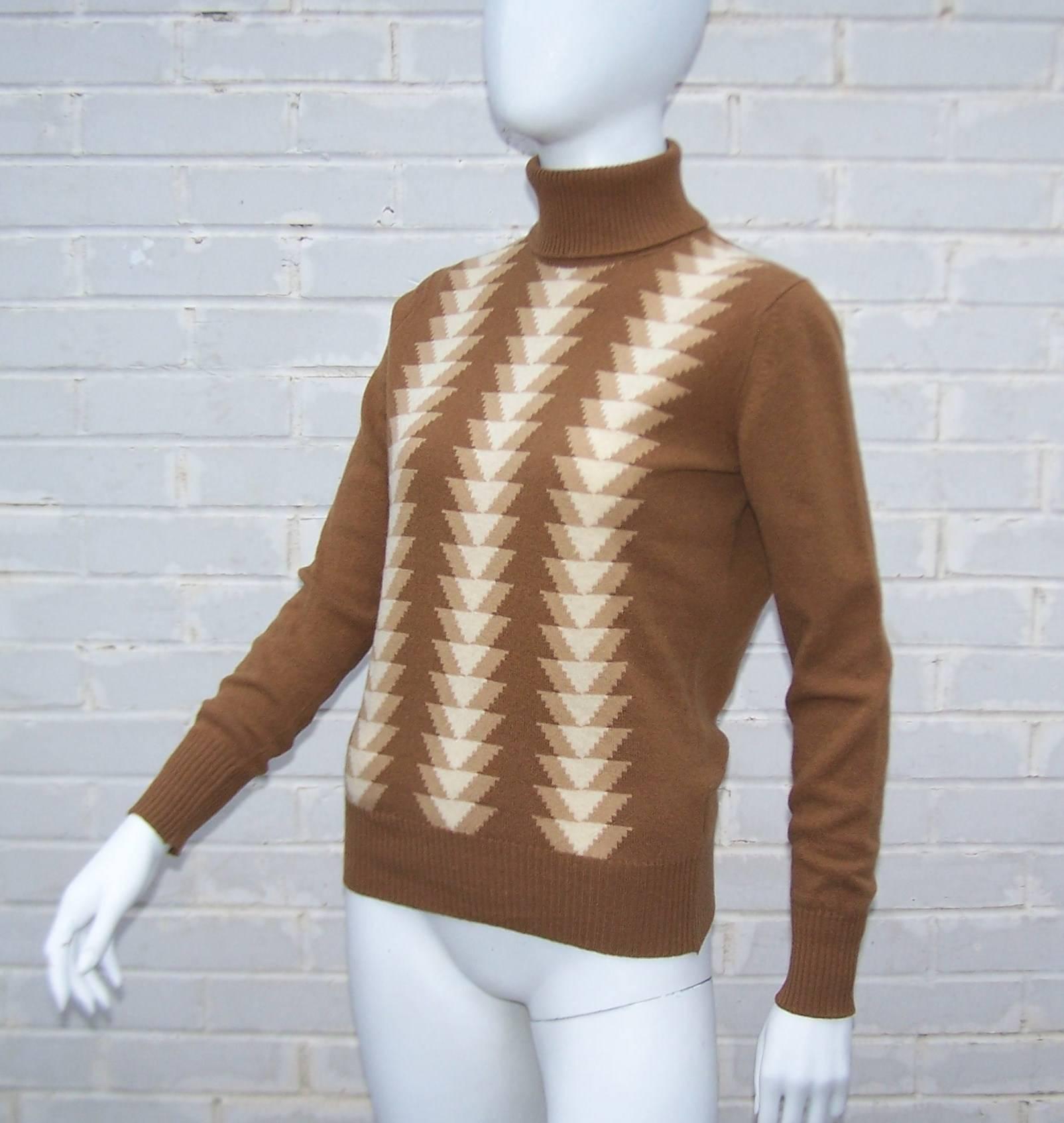 Women's 1970's Jaeger Graphic Op Art Print Wool Turtleneck Sweater