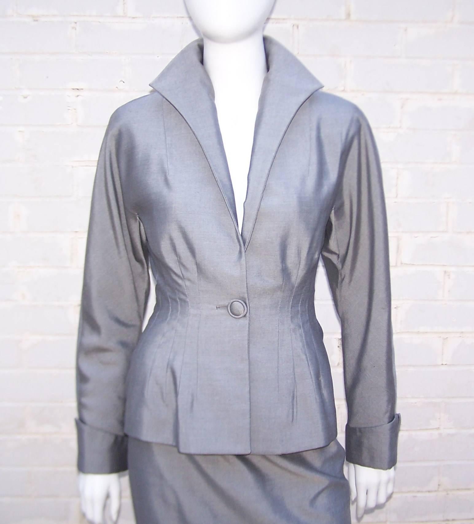 Women's C.1980 Anne Klein Sharkskin Gray Skirt Suit With 1940's Inspiration
