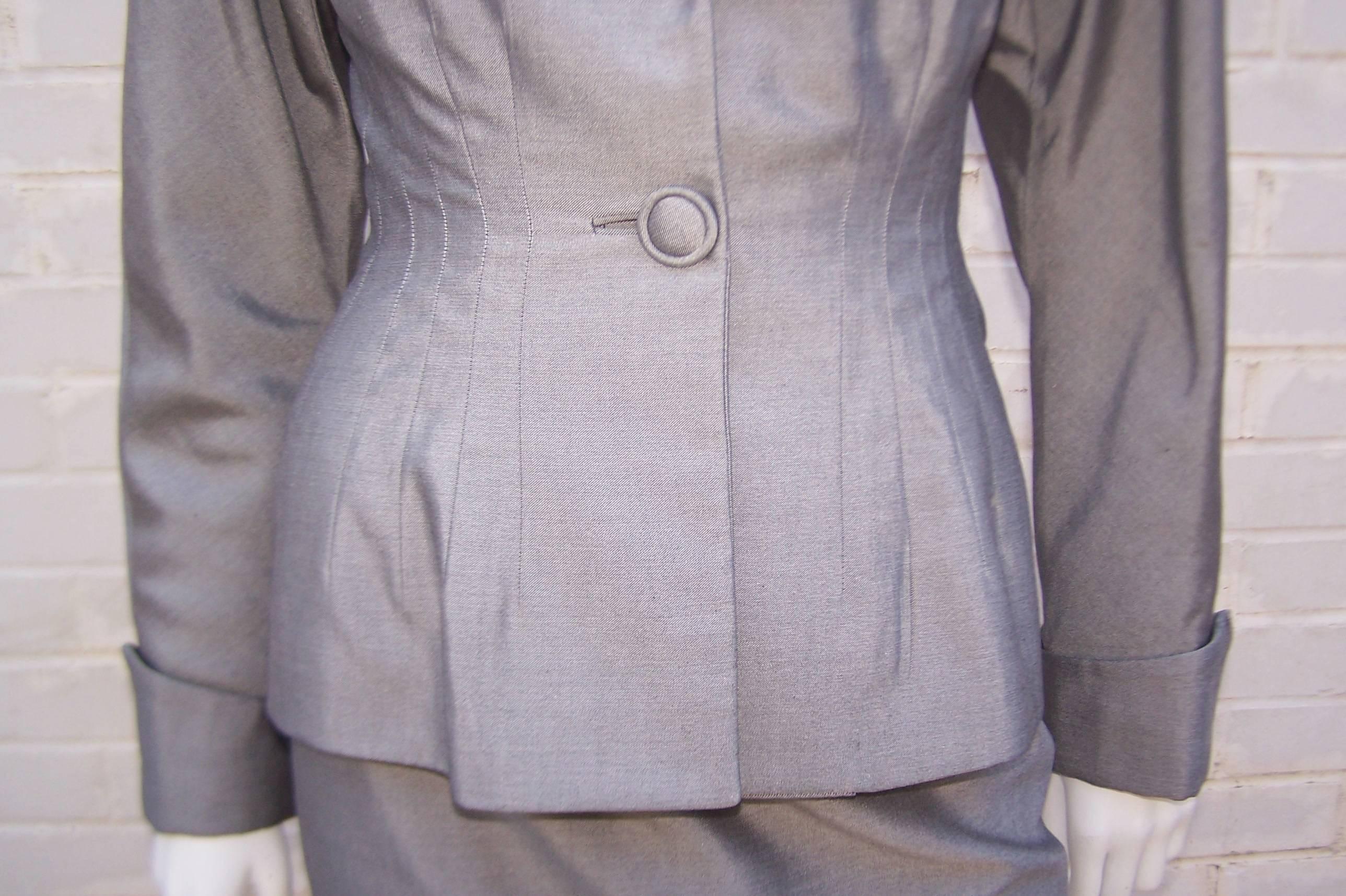 C.1980 Anne Klein Sharkskin Gray Skirt Suit With 1940's Inspiration 1