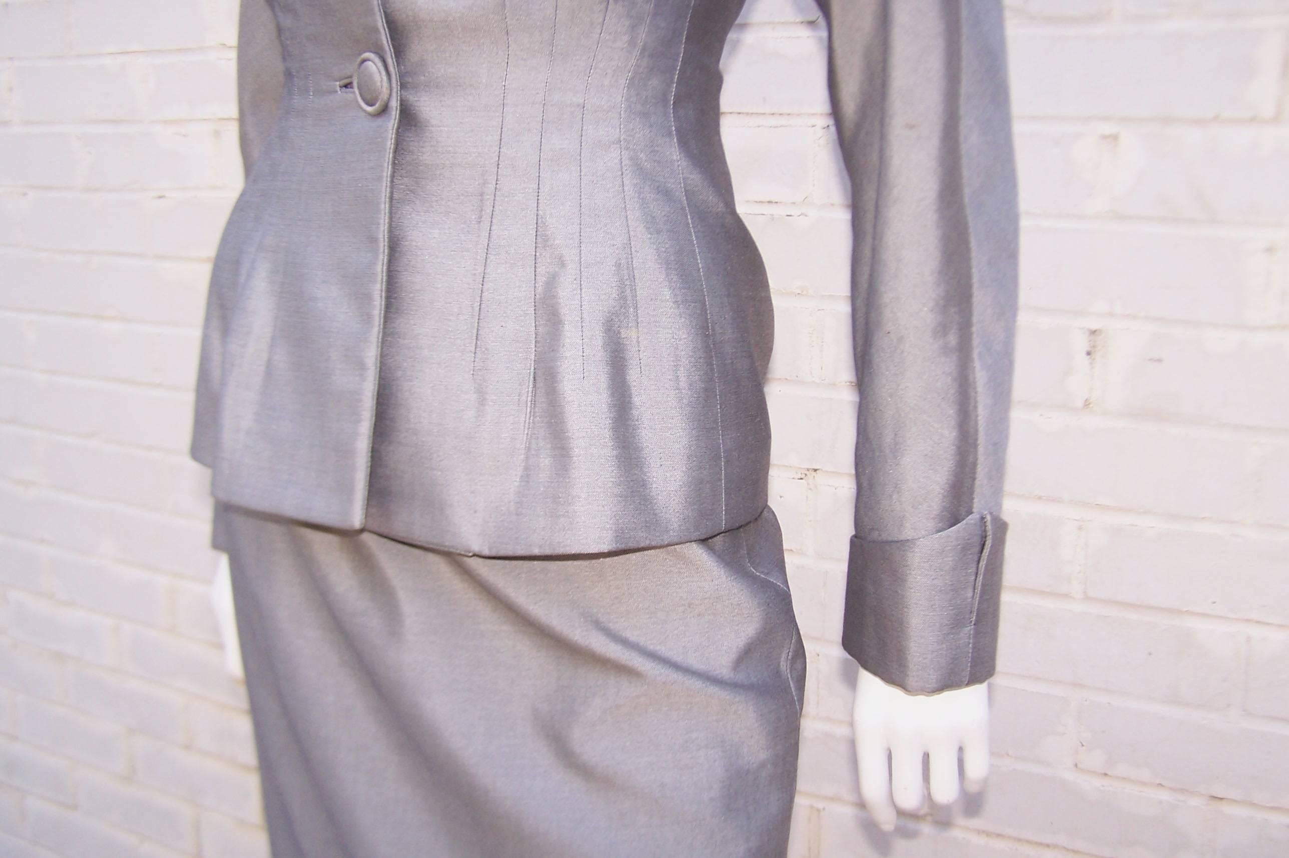 C.1980 Anne Klein Sharkskin Gray Skirt Suit With 1940's Inspiration 2