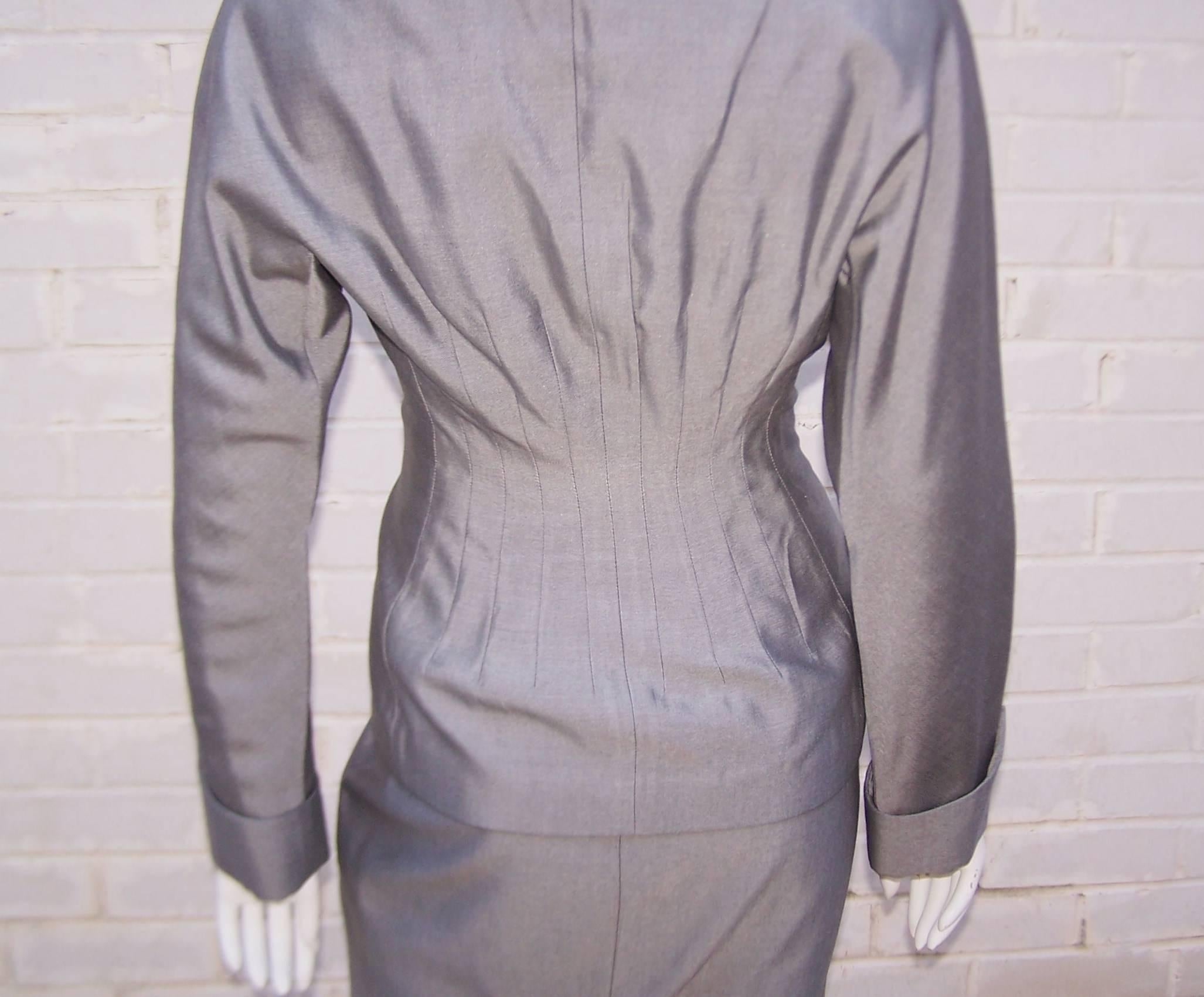 C.1980 Anne Klein Sharkskin Gray Skirt Suit With 1940's Inspiration 3