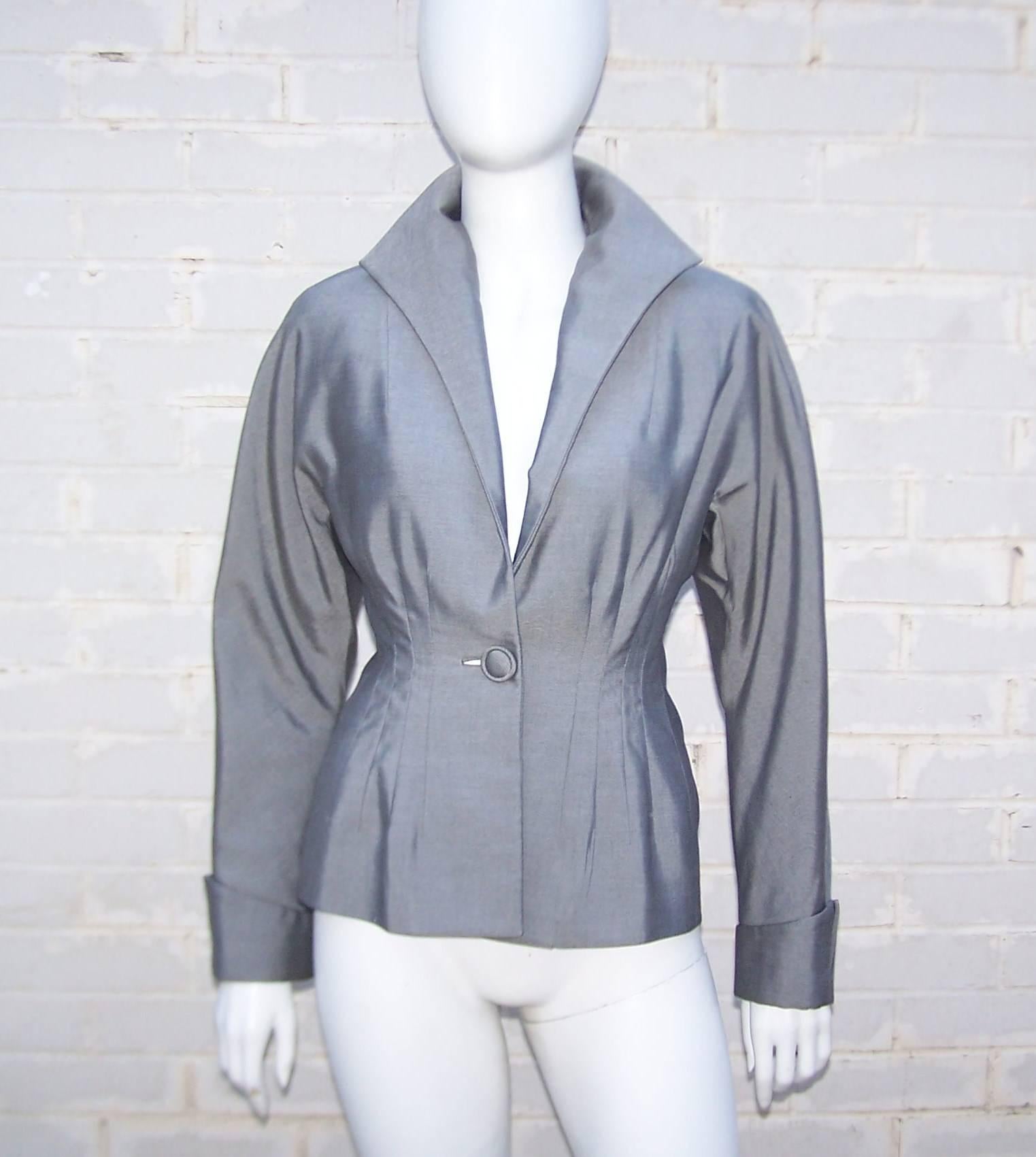 C.1980 Anne Klein Sharkskin Gray Skirt Suit With 1940's Inspiration 4