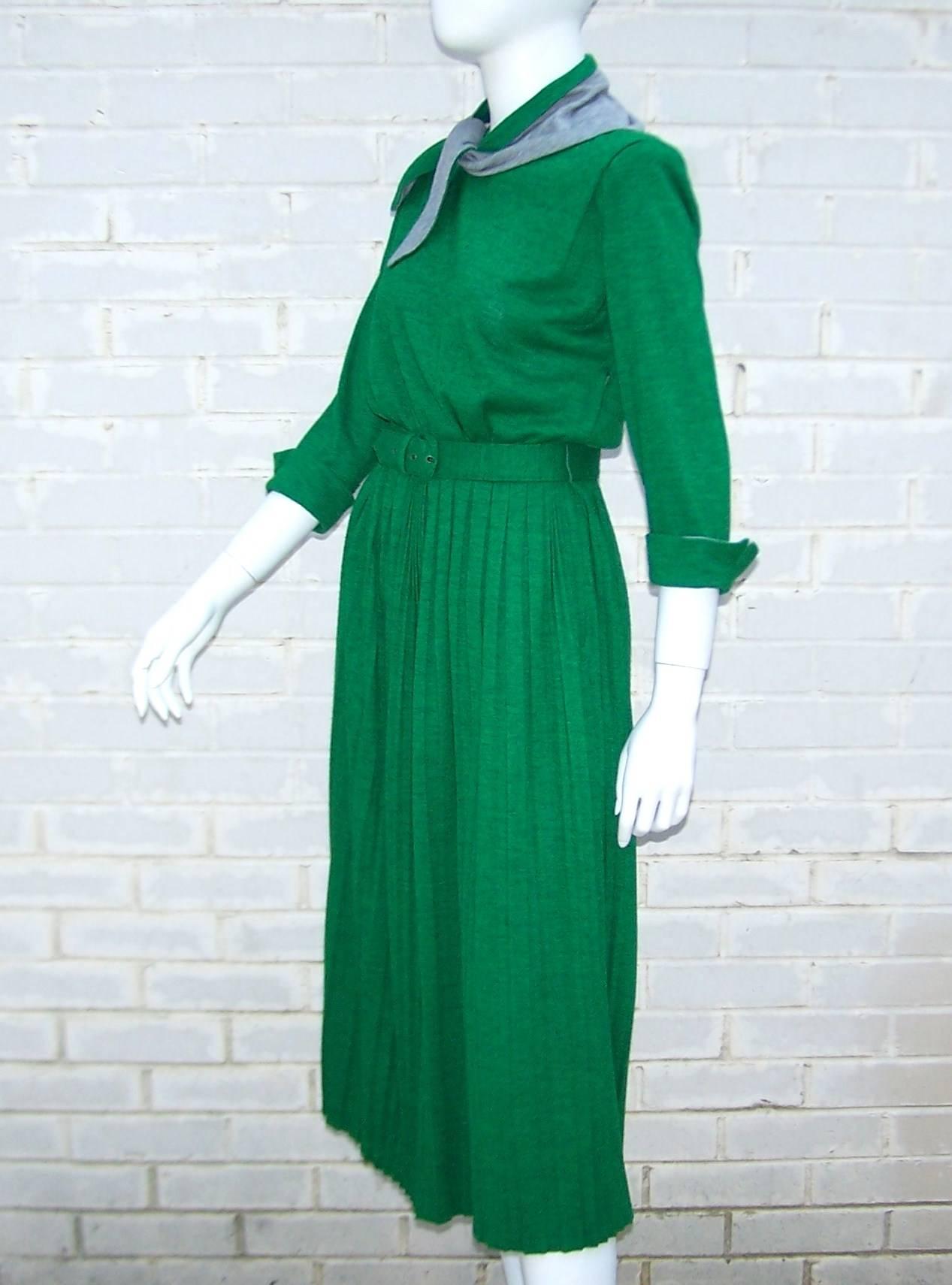 Blue 1940's Emerald Green & Gray Wool Knit Dress With Micro Pleating & Scarf