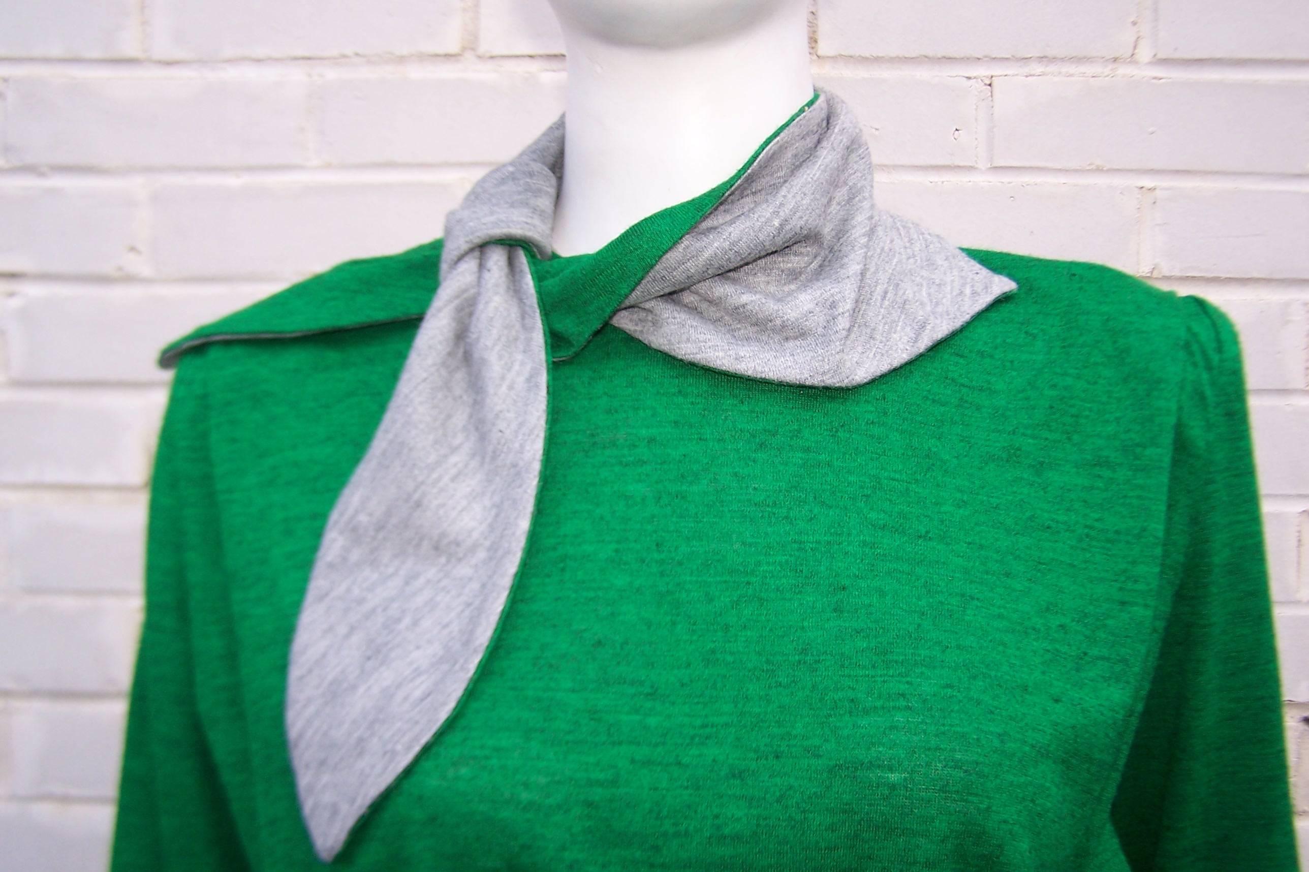 1940's Emerald Green & Gray Wool Knit Dress With Micro Pleating & Scarf 1