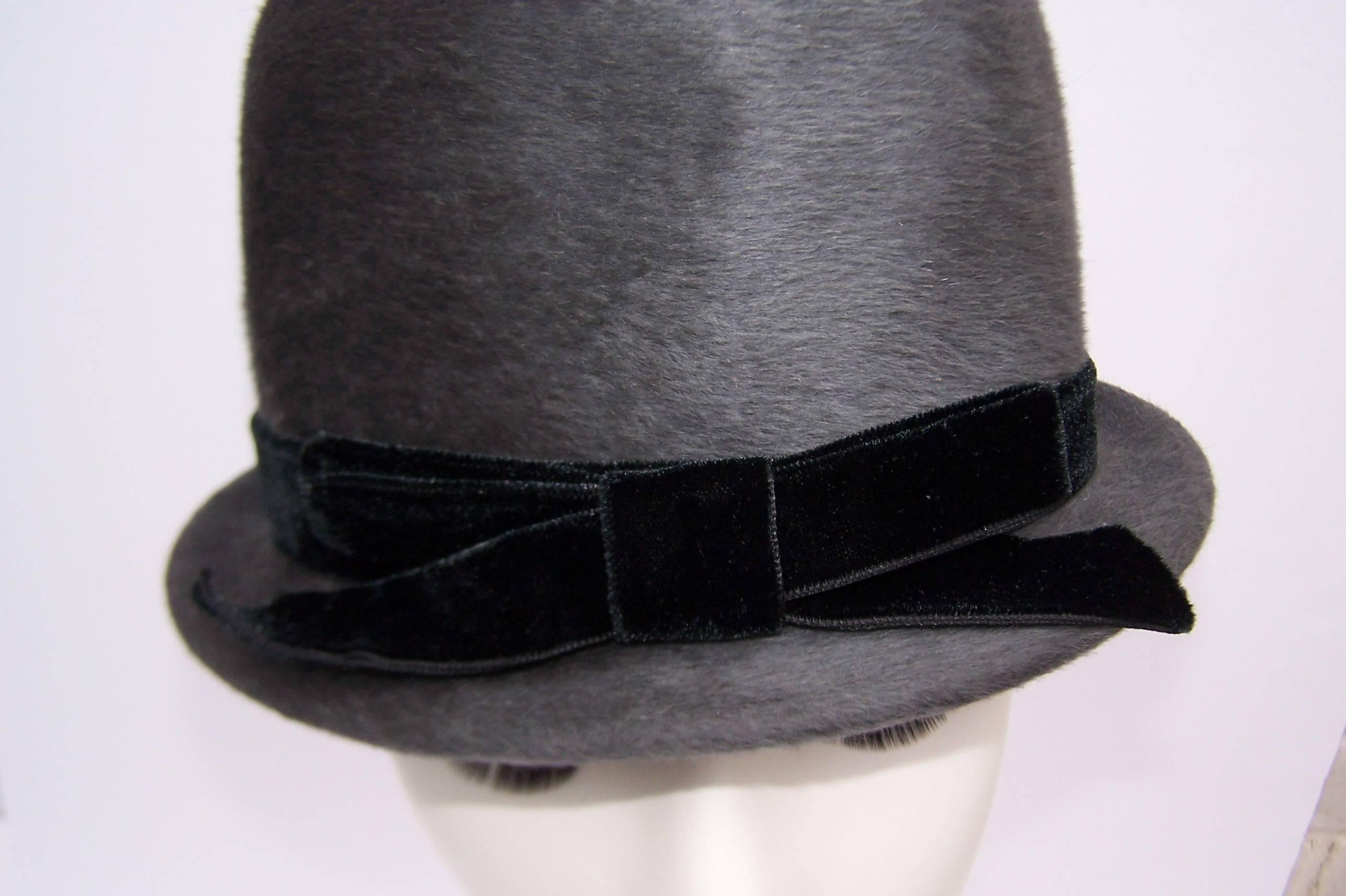 Bobby On the Beat Charcoal Gray 1960's Hat With Velvet Bow 1