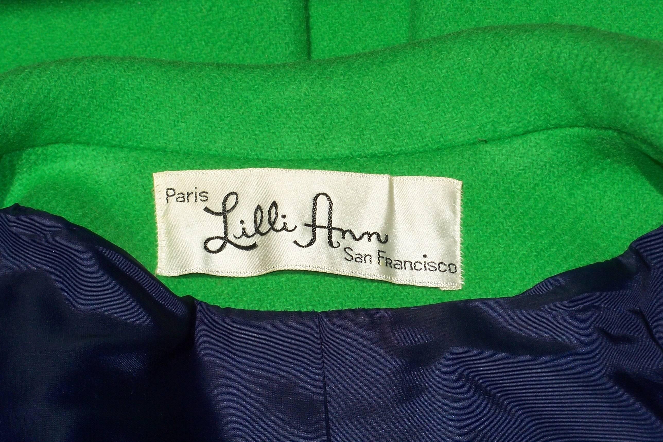 Mod 1960's Lilli Ann 'That Girl' Kelly Green & Navy Blue Wool Coat 3