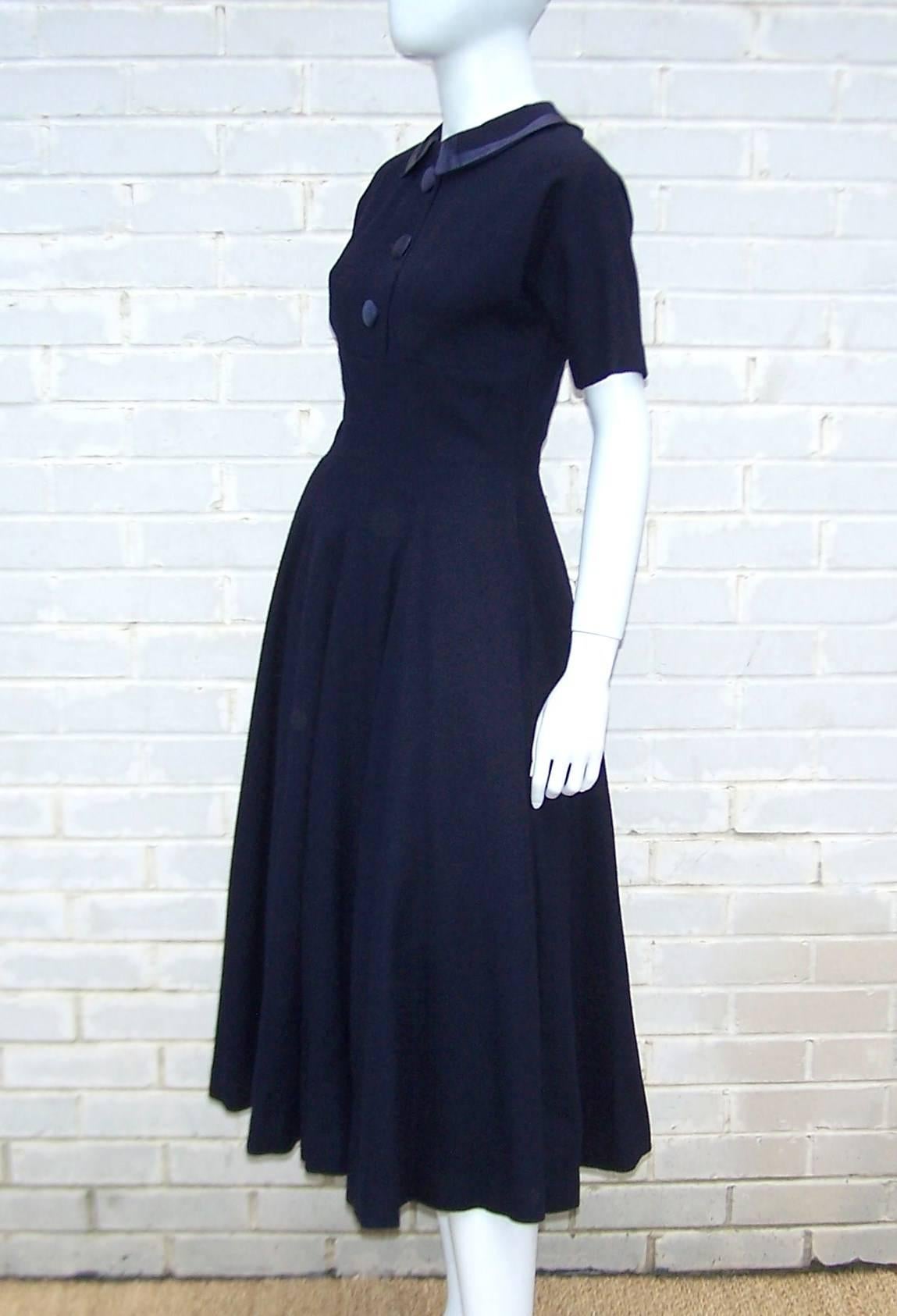 Black Classic 1950's Junior Circle Navy Blue Swing Skirted Dress