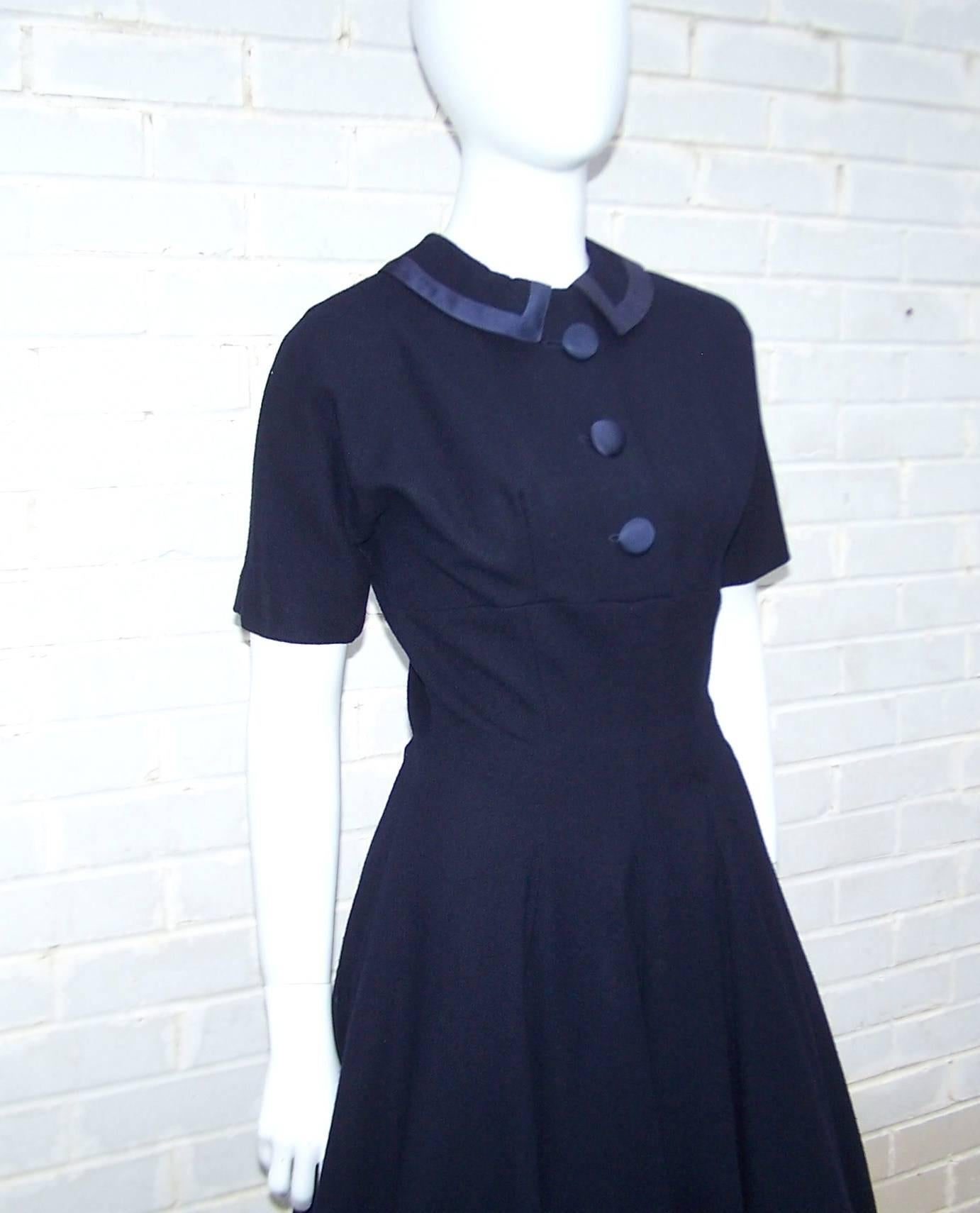 Classic 1950's Junior Circle Navy Blue Swing Skirted Dress 1