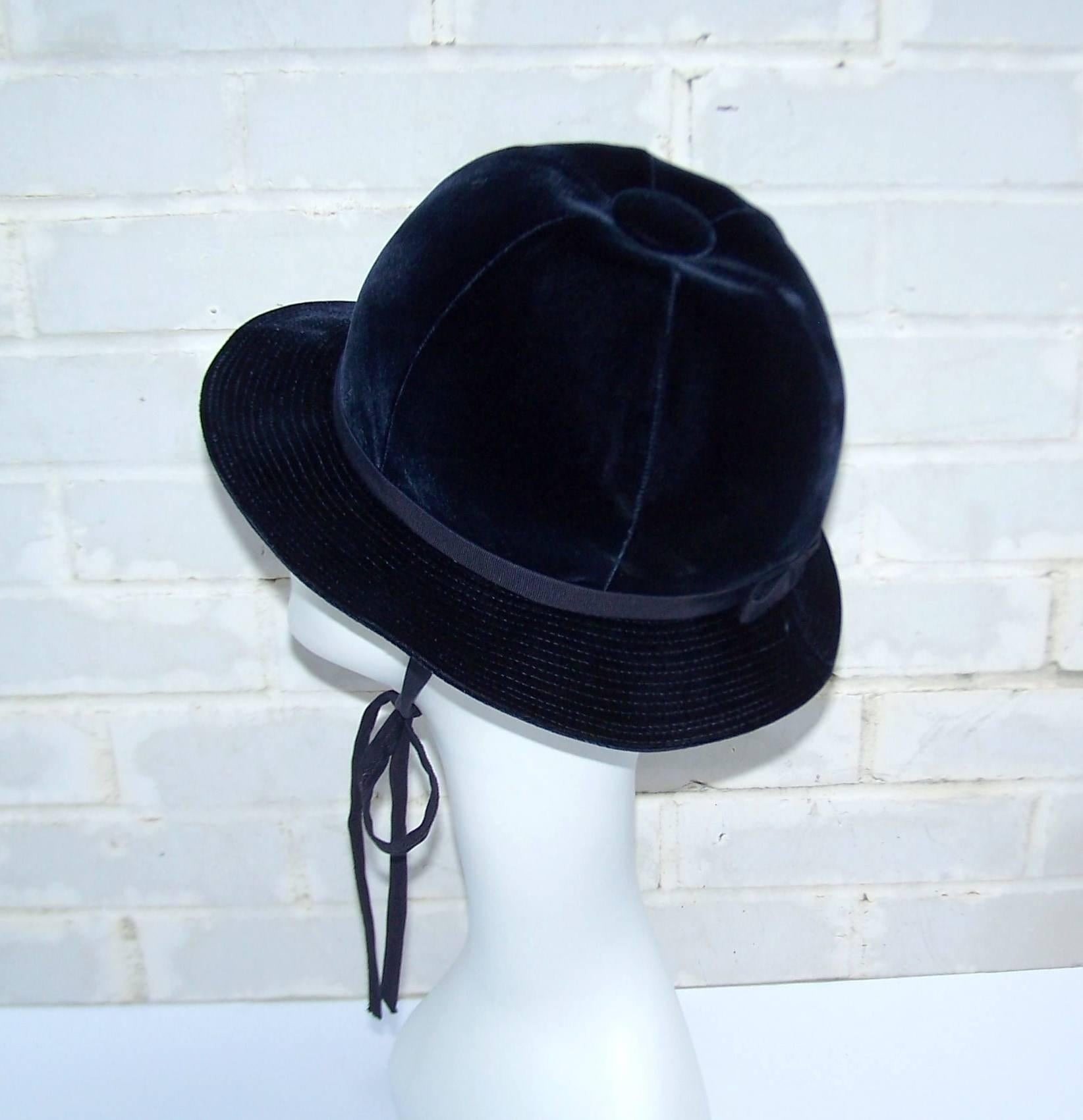 Black 1960's Adolfo Blue Velvet Bucket Style Hat For Saks Fifth Avenue 