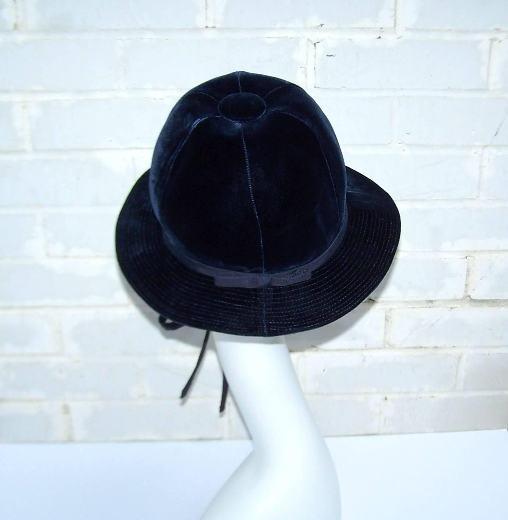 1960's Adolfo Blue Velvet Bucket Style Hat For Saks Fifth Avenue  In Excellent Condition In Atlanta, GA