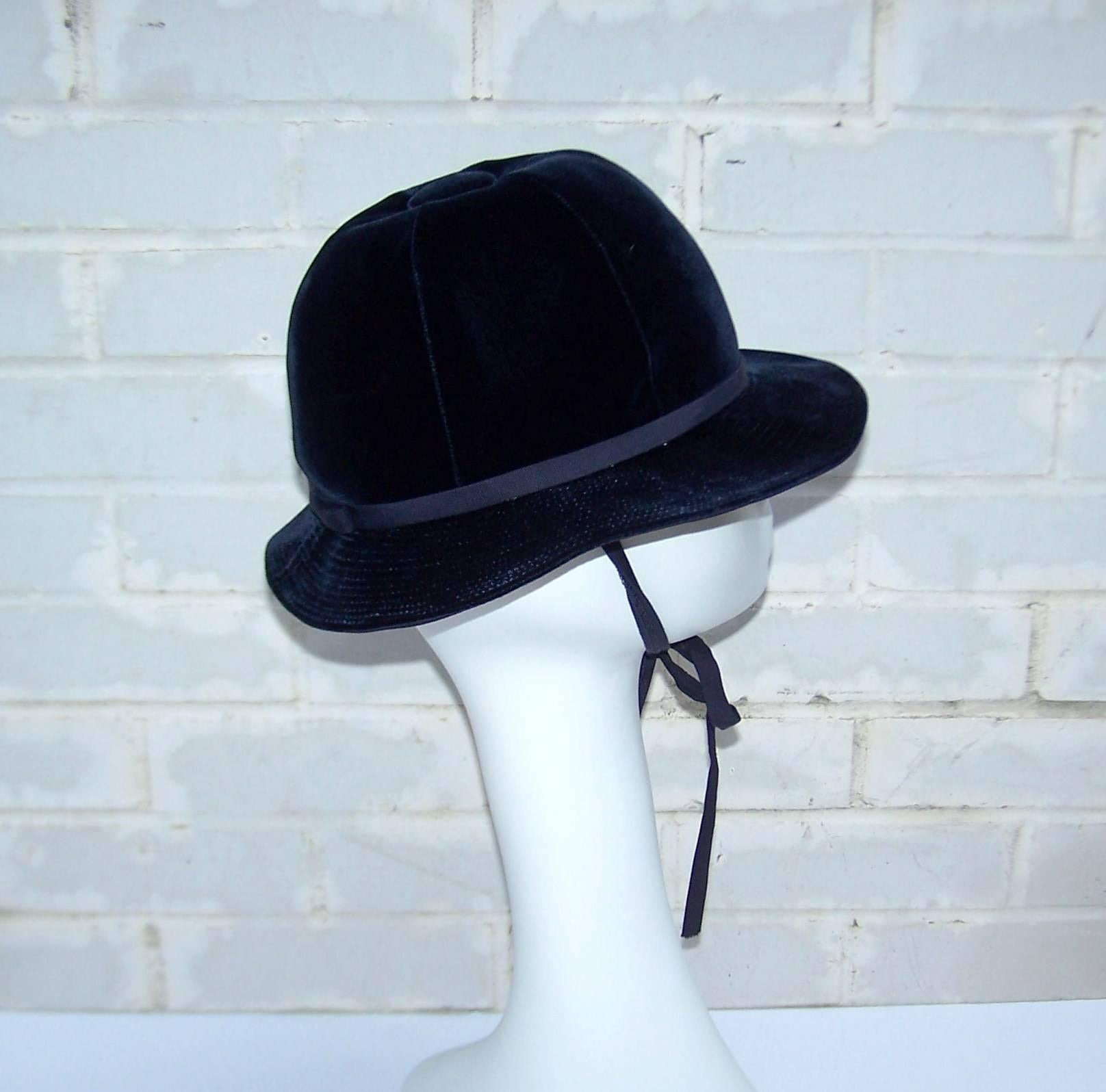 Women's 1960's Adolfo Blue Velvet Bucket Style Hat For Saks Fifth Avenue 
