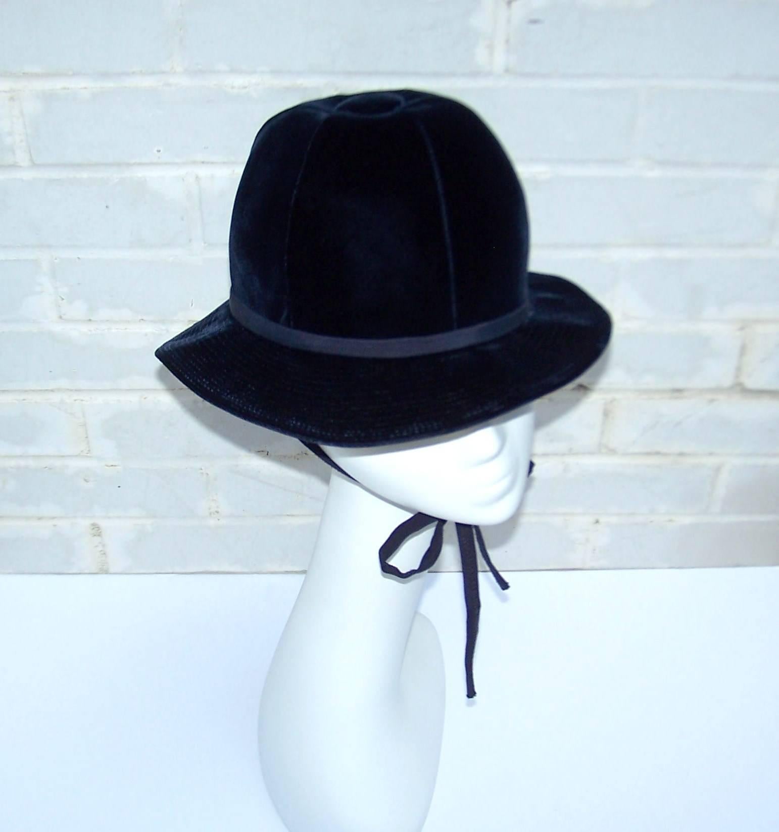 1960's Adolfo Blue Velvet Bucket Style Hat For Saks Fifth Avenue  1