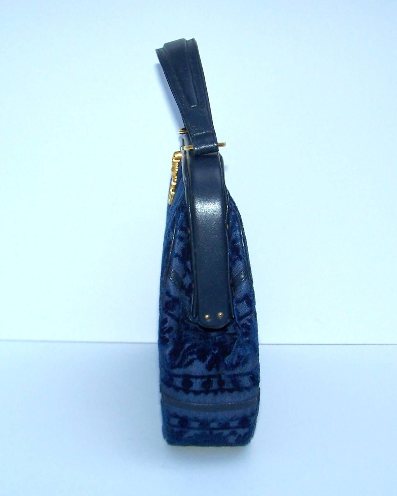 Precious 1950's Roberta Di Camerino Blue Cut Velvet & Leather Handbag 1