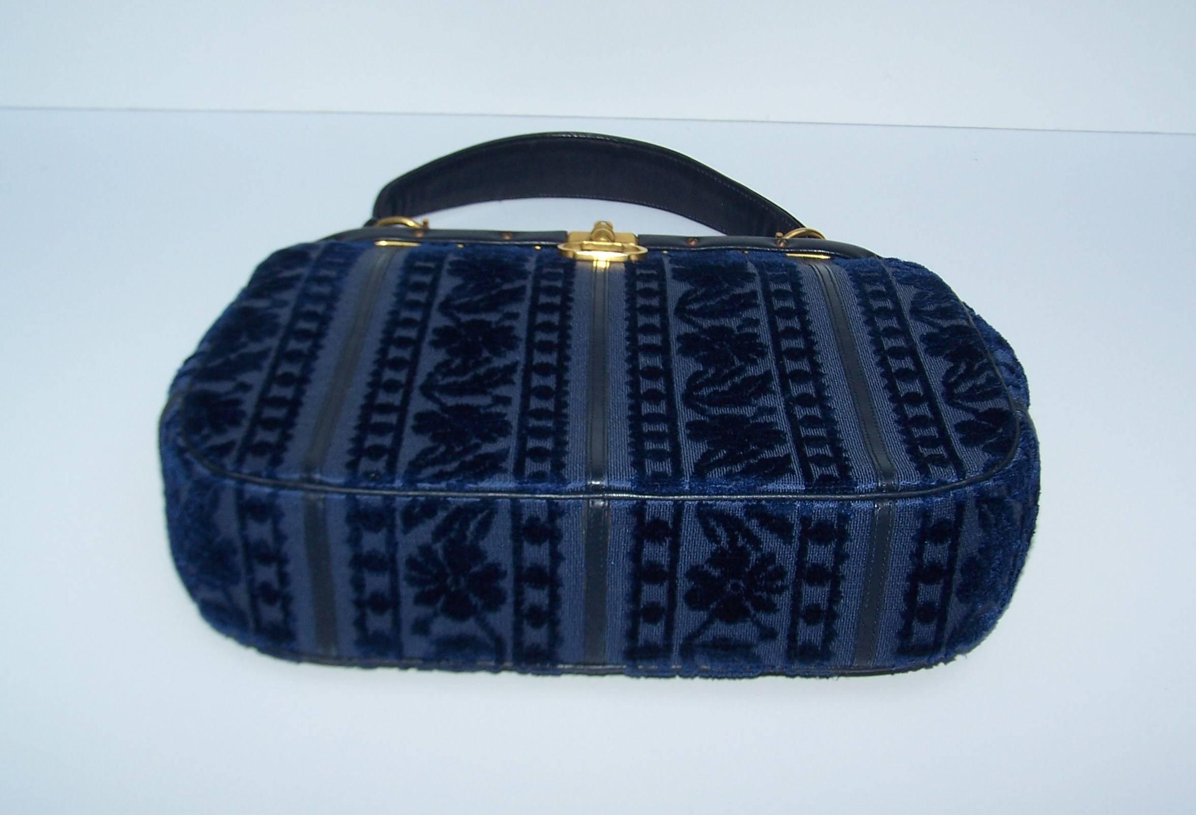 Precious 1950's Roberta Di Camerino Blue Cut Velvet & Leather Handbag 2