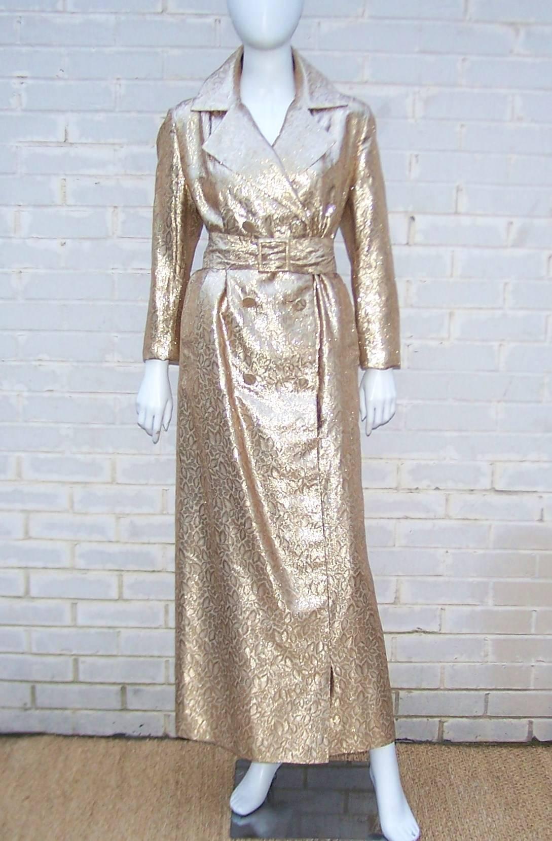 Glam 1960's Lawrence of London Gold Trench Coat Style Dress In Excellent Condition In Atlanta, GA