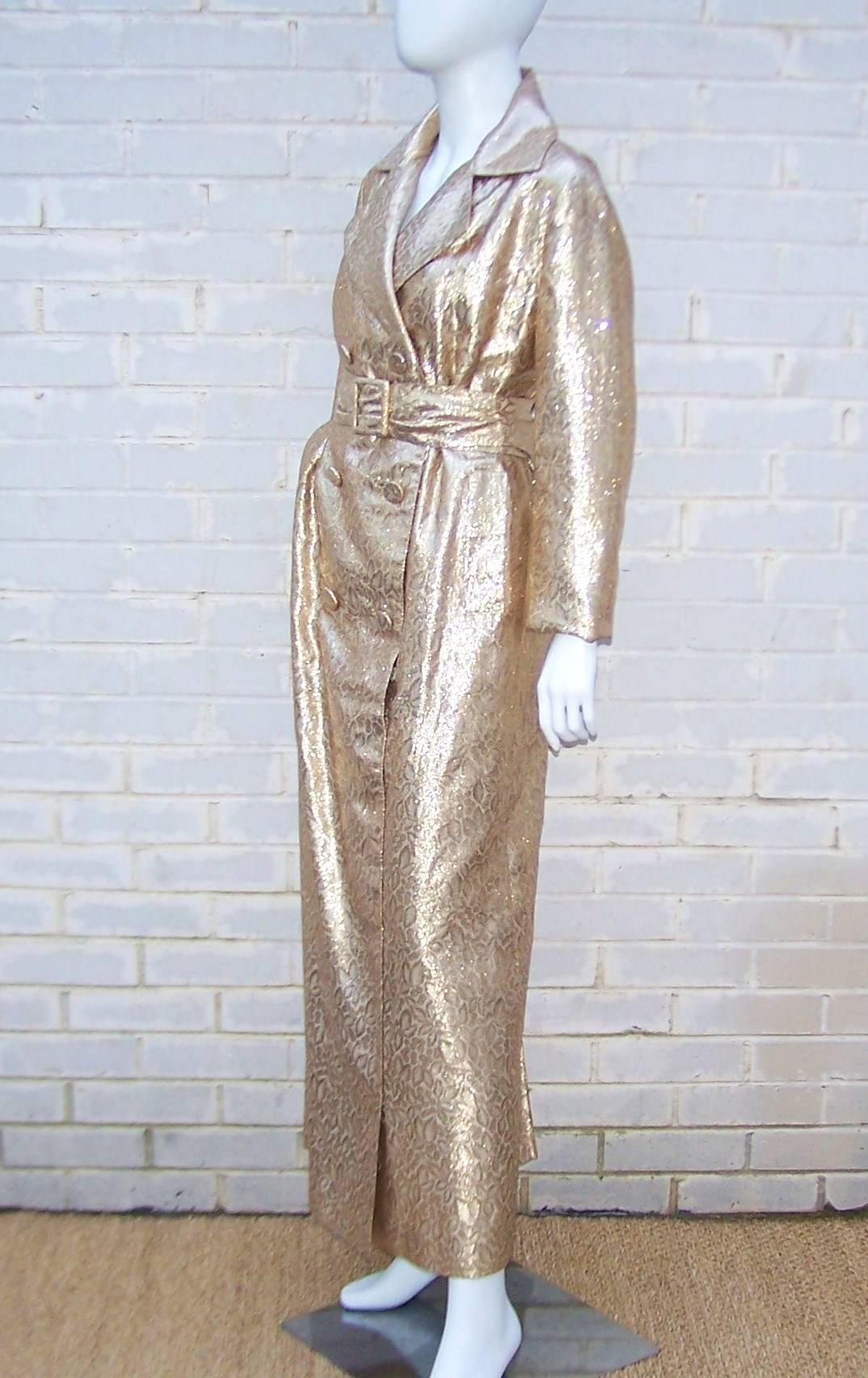 Women's Glam 1960's Lawrence of London Gold Trench Coat Style Dress