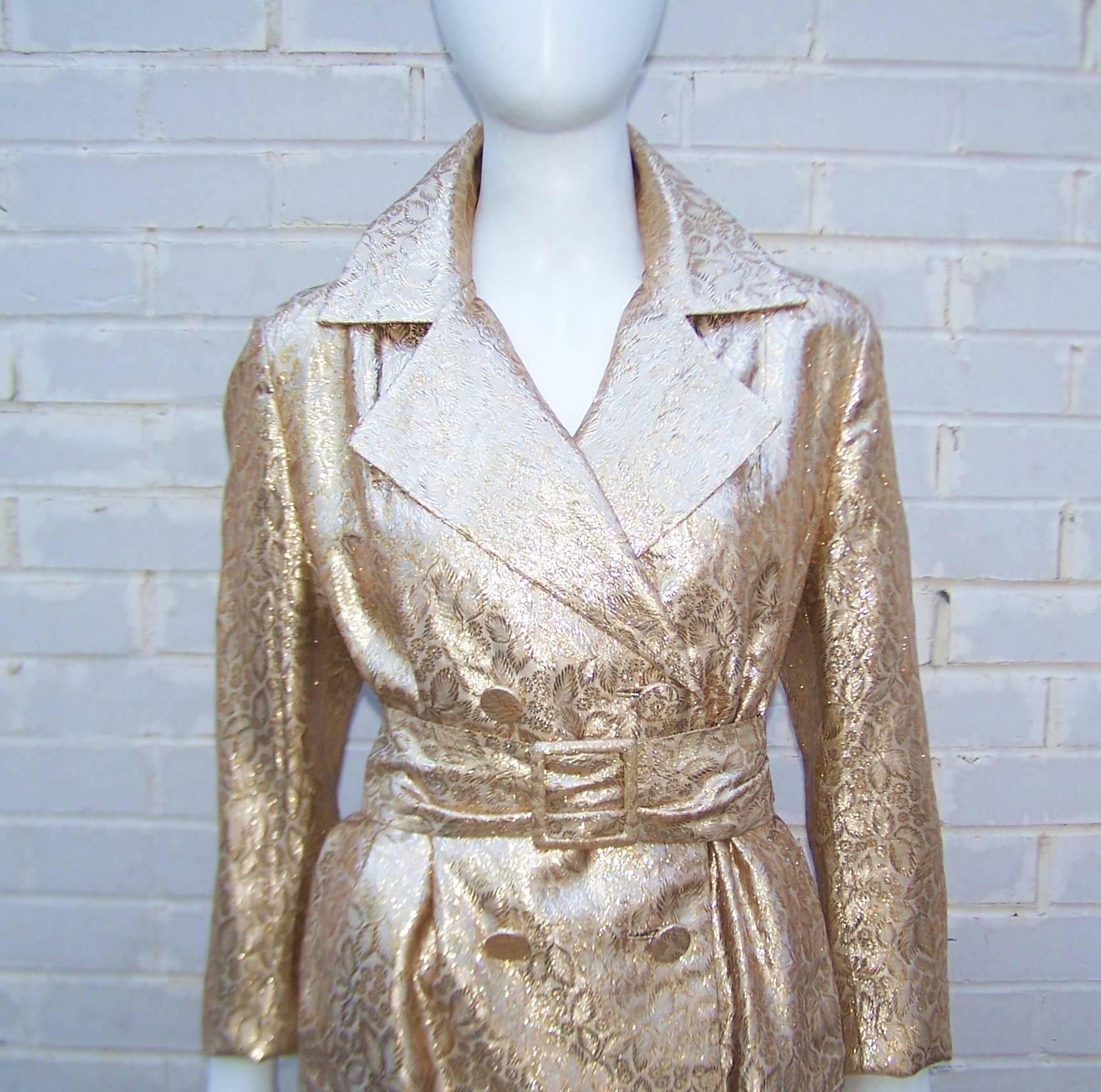 Glam 1960's Lawrence of London Gold Trench Coat Style Dress 2