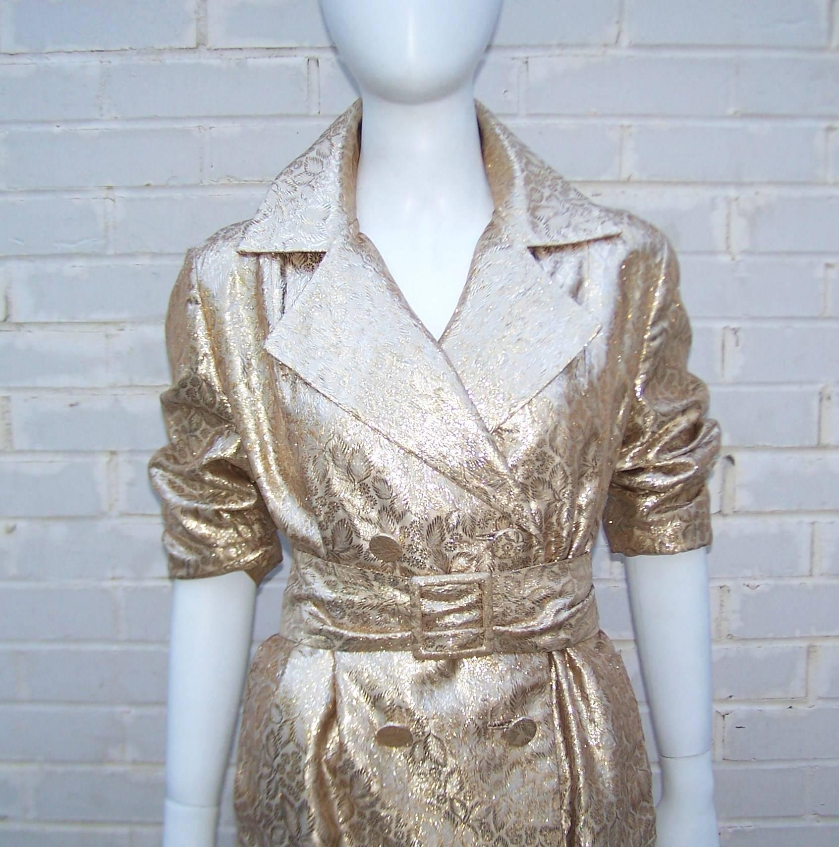 Glam 1960's Lawrence of London Gold Trench Coat Style Dress 3