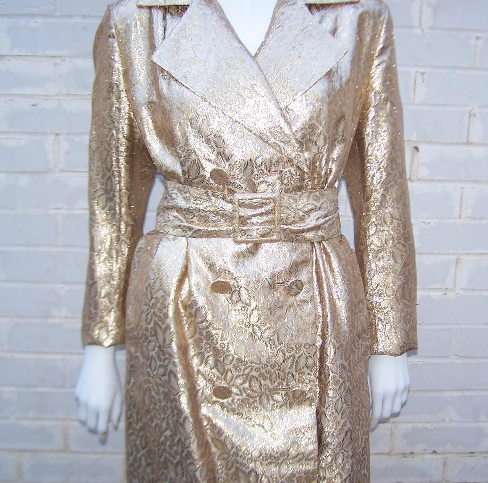 Glam 1960's Lawrence of London Gold Trench Coat Style Dress 4