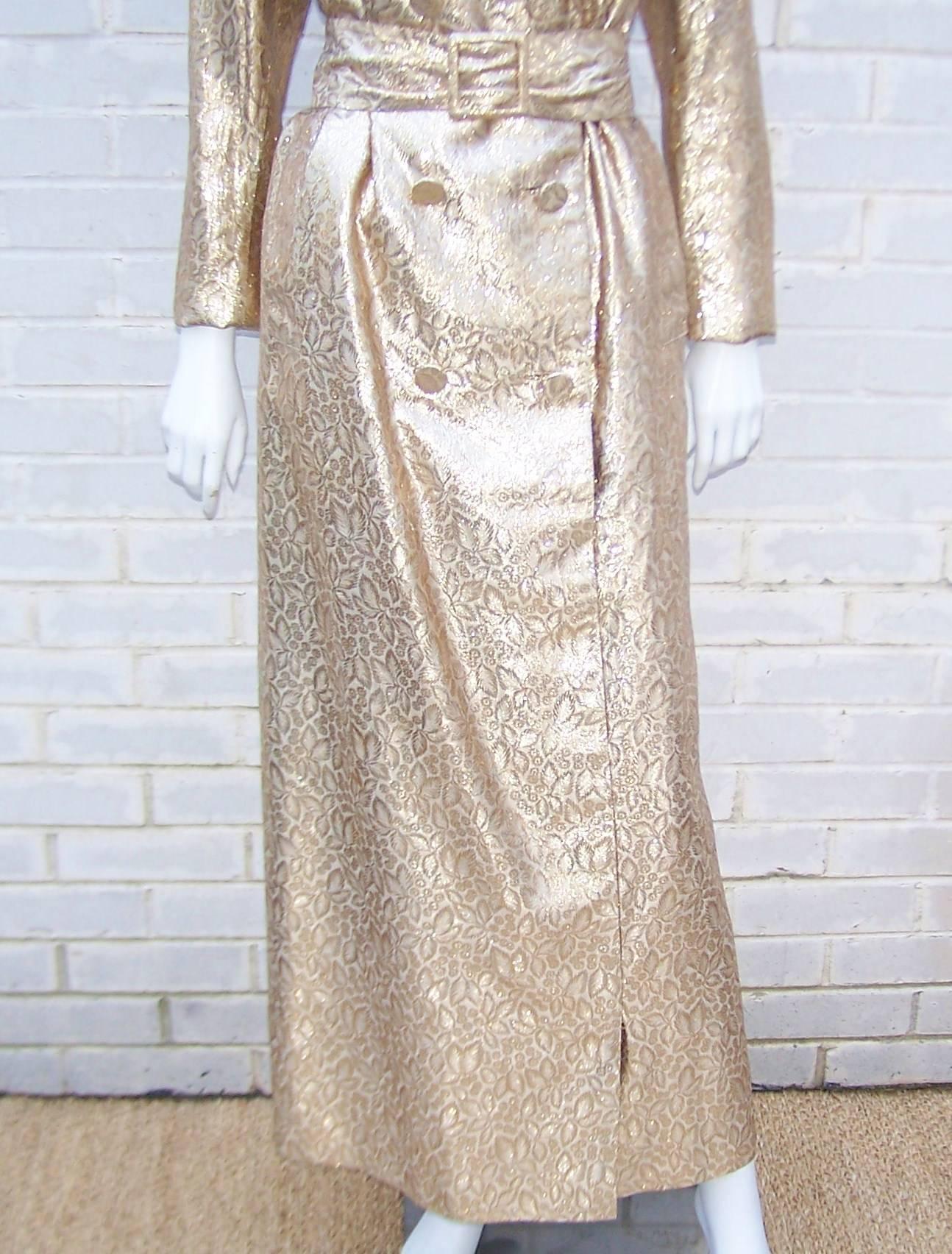 Glam 1960's Lawrence of London Gold Trench Coat Style Dress 5