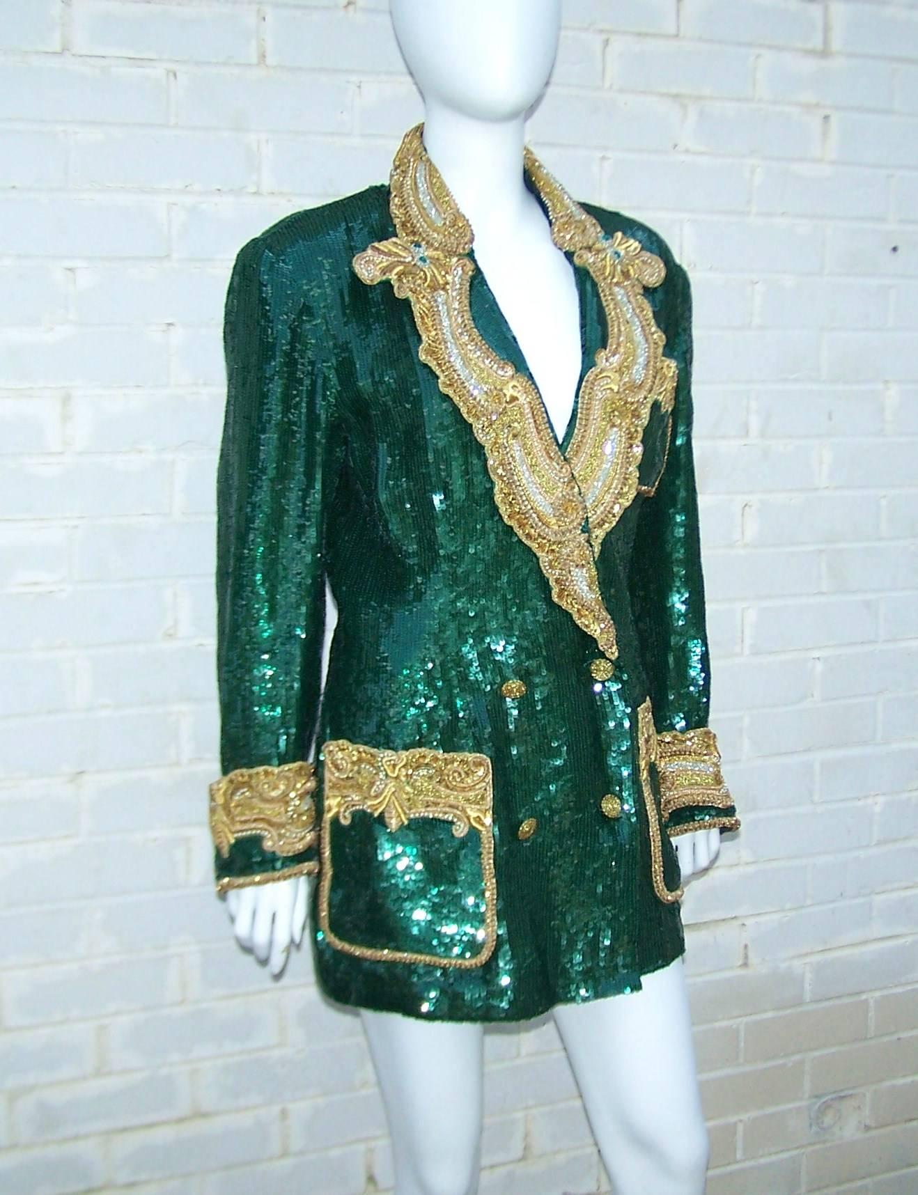 1980's Glam Emerald Sequin Boyfriend Jacket With Amazing Gold Braid In Excellent Condition In Atlanta, GA