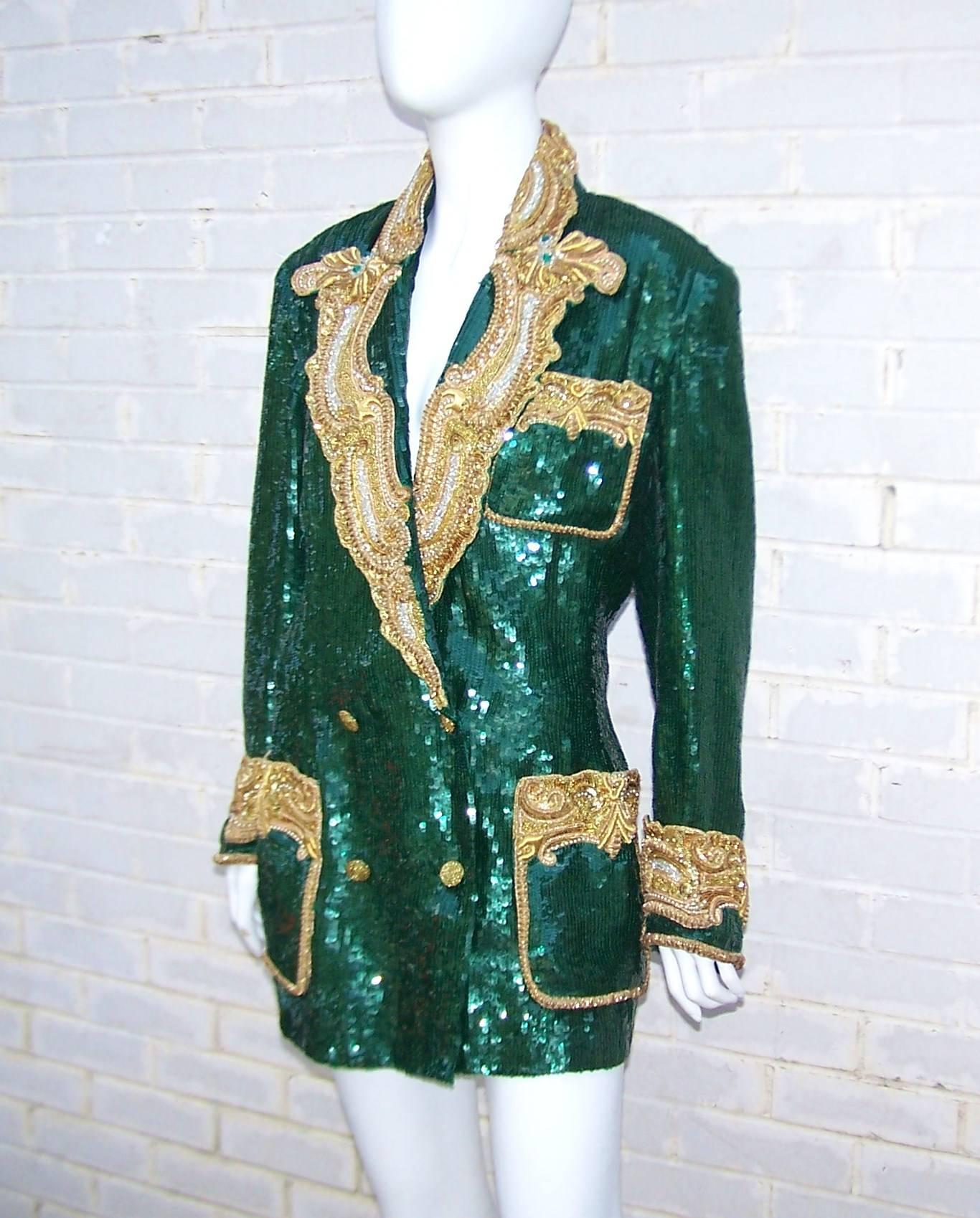 Women's 1980's Glam Emerald Sequin Boyfriend Jacket With Amazing Gold Braid