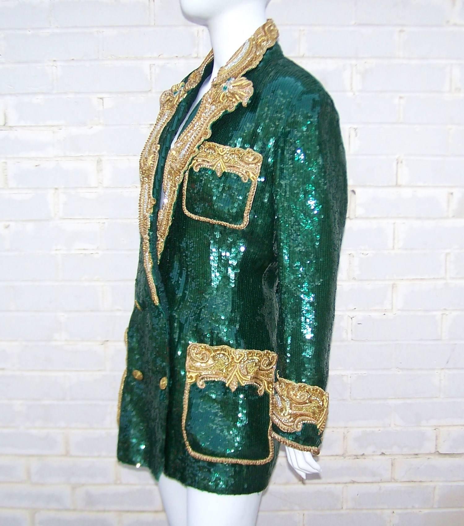 1980's Glam Emerald Sequin Boyfriend Jacket With Amazing Gold Braid 1