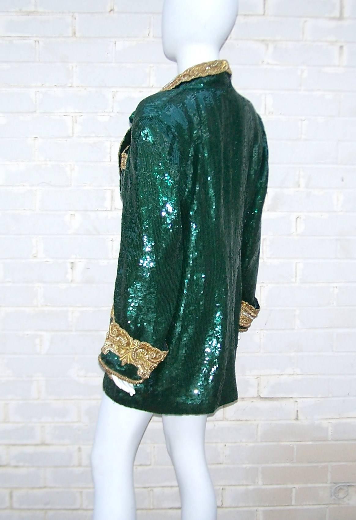 1980's Glam Emerald Sequin Boyfriend Jacket With Amazing Gold Braid 2
