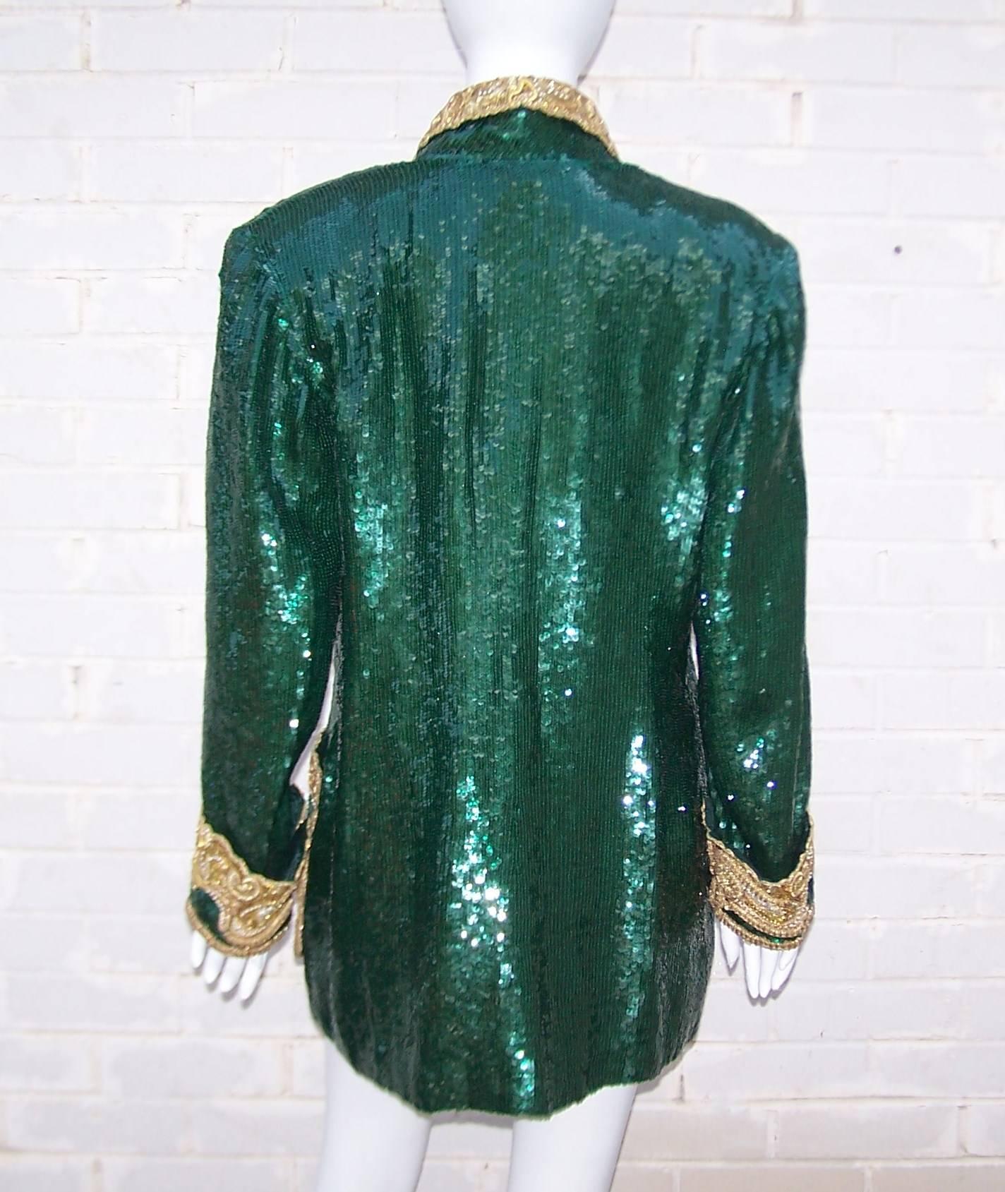 1980's Glam Emerald Sequin Boyfriend Jacket With Amazing Gold Braid 3