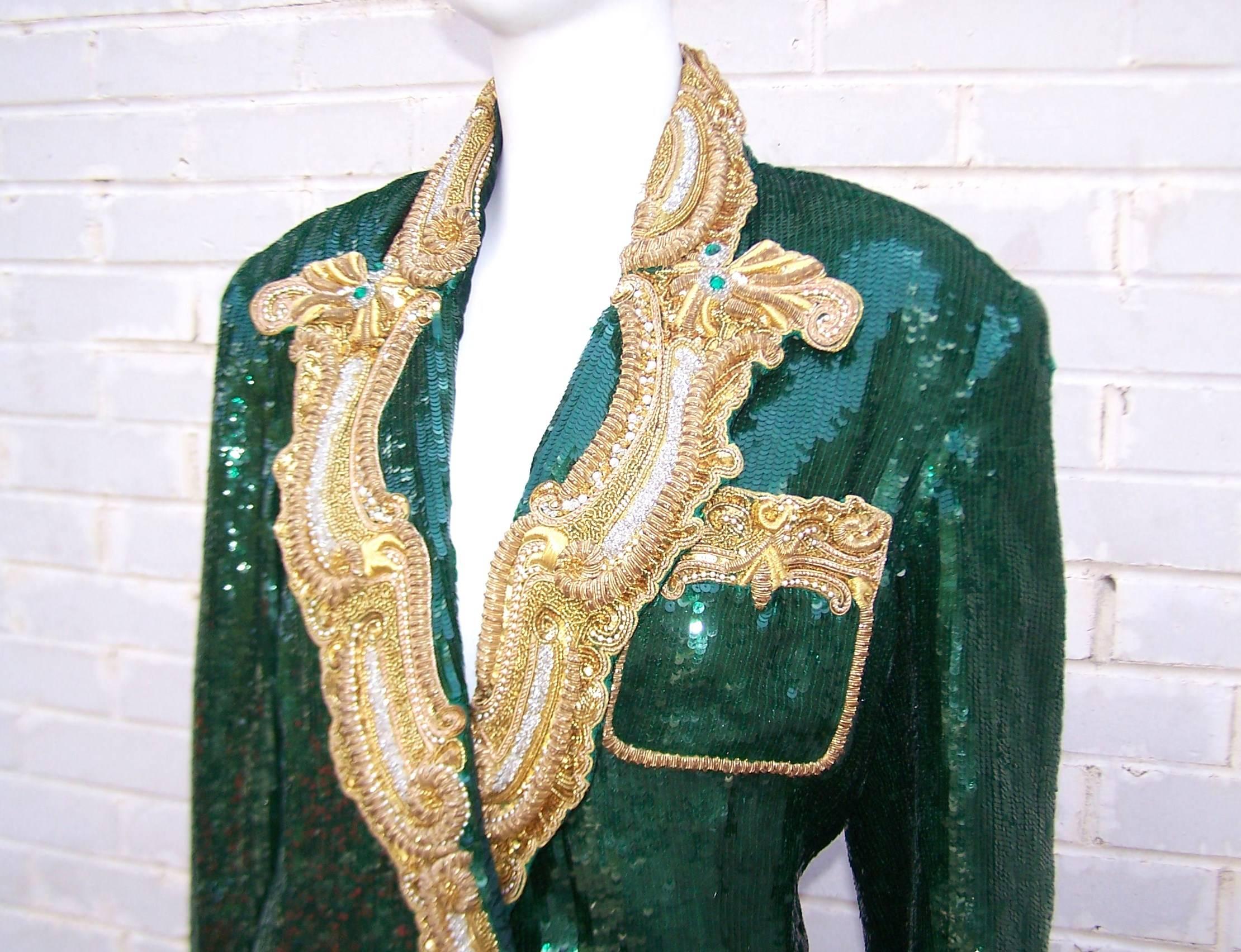 1980's Glam Emerald Sequin Boyfriend Jacket With Amazing Gold Braid 4