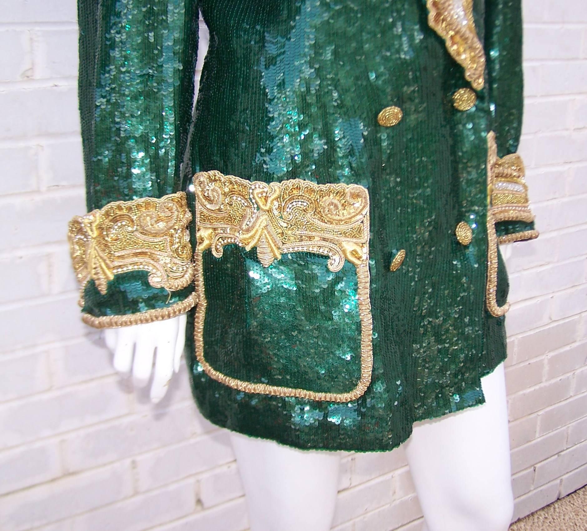 1980's Glam Emerald Sequin Boyfriend Jacket With Amazing Gold Braid 6