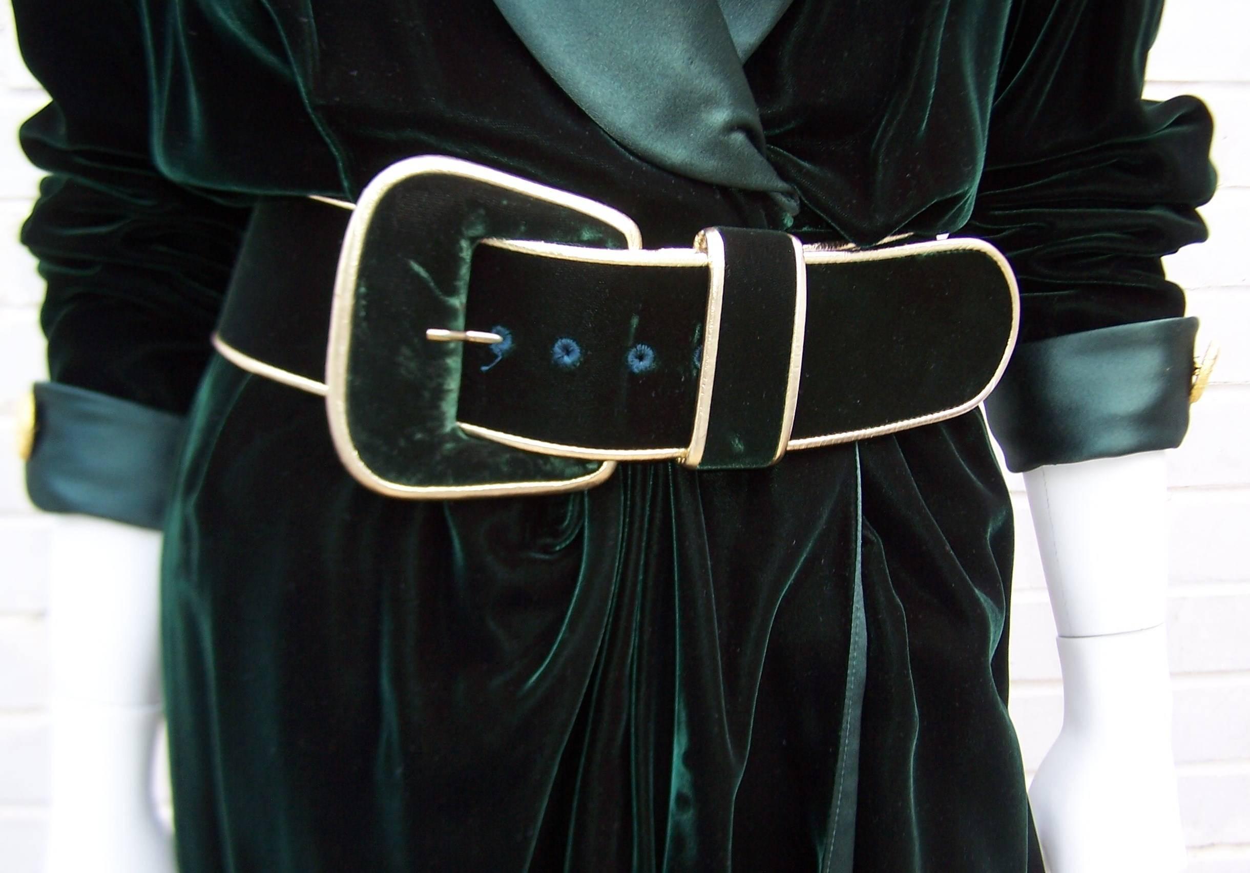 Women's 1980's Donna Karan for Anne Klein Rich Green Velvet Dress With Gold Details