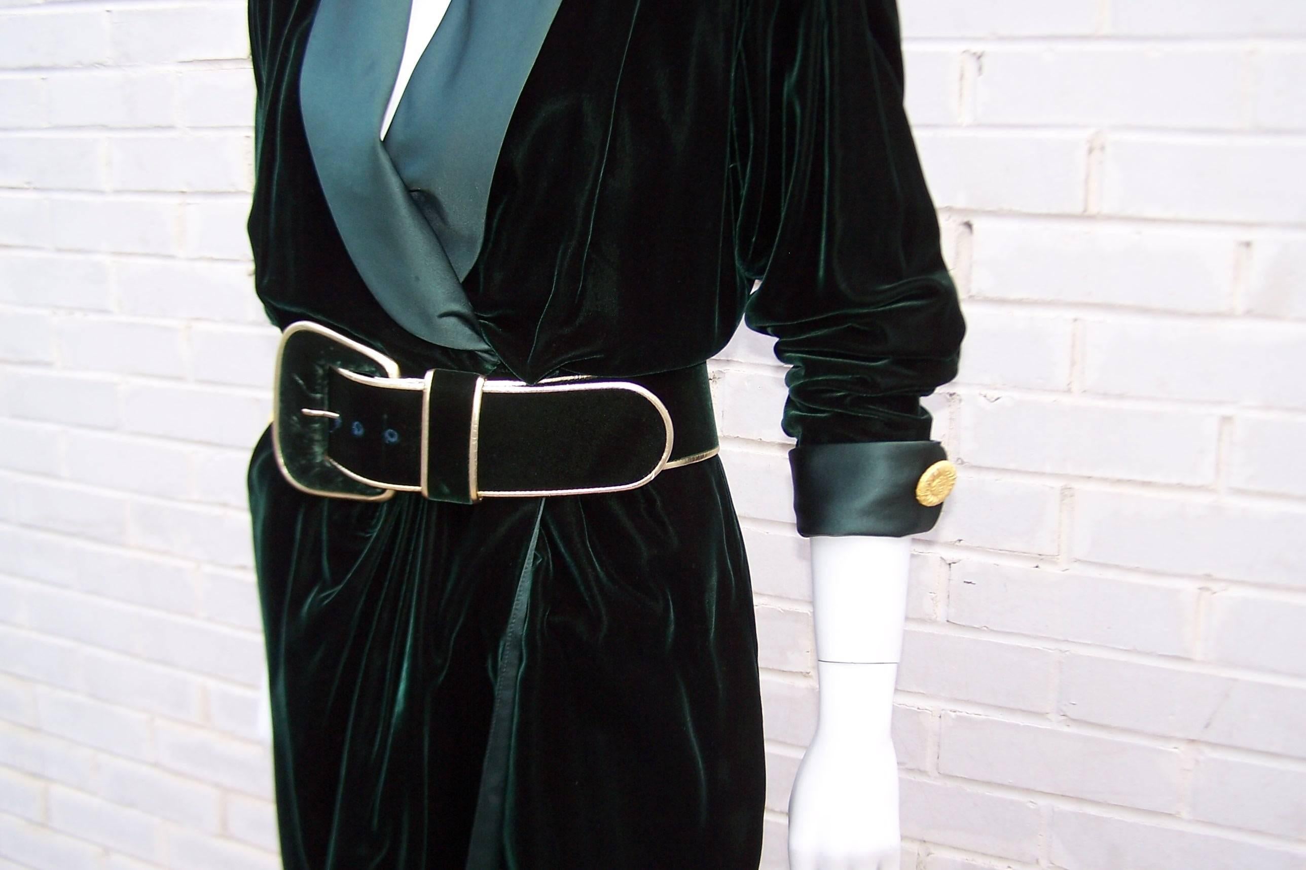 1980's Donna Karan for Anne Klein Rich Green Velvet Dress With Gold Details 1
