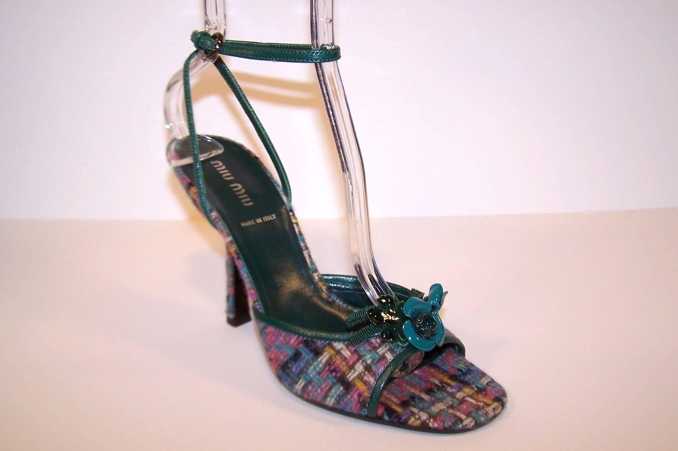 Black Never Worn Miu Miu Wool Tweed Strappy Sandals With Green Leather Details