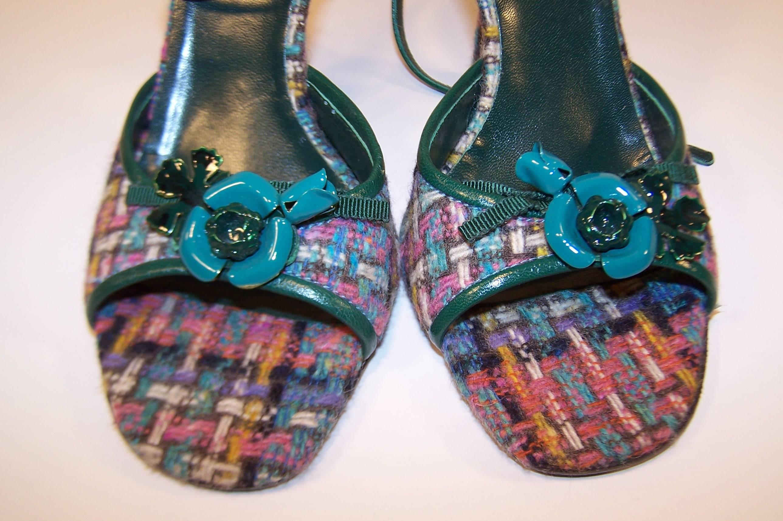 Never Worn Miu Miu Wool Tweed Strappy Sandals With Green Leather Details 1