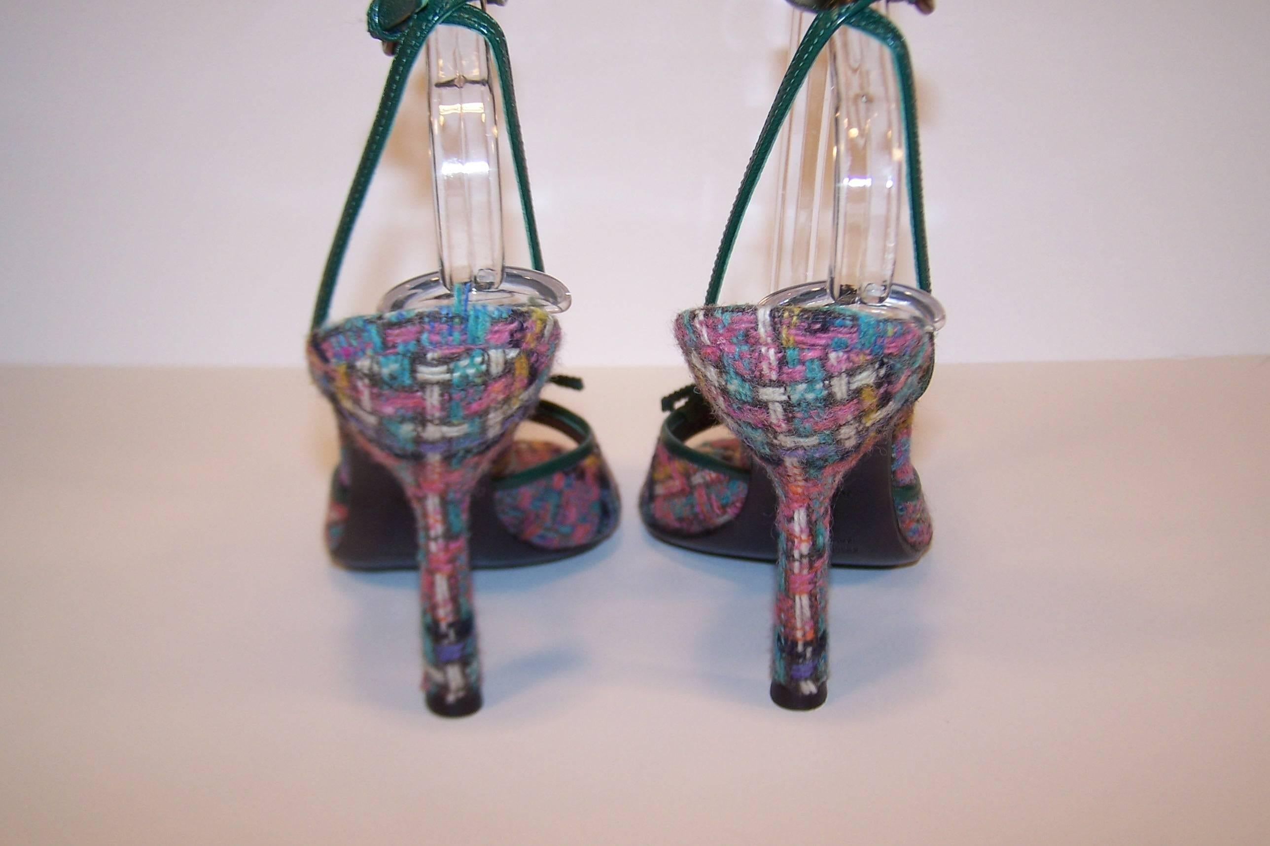 Never Worn Miu Miu Wool Tweed Strappy Sandals With Green Leather Details 2