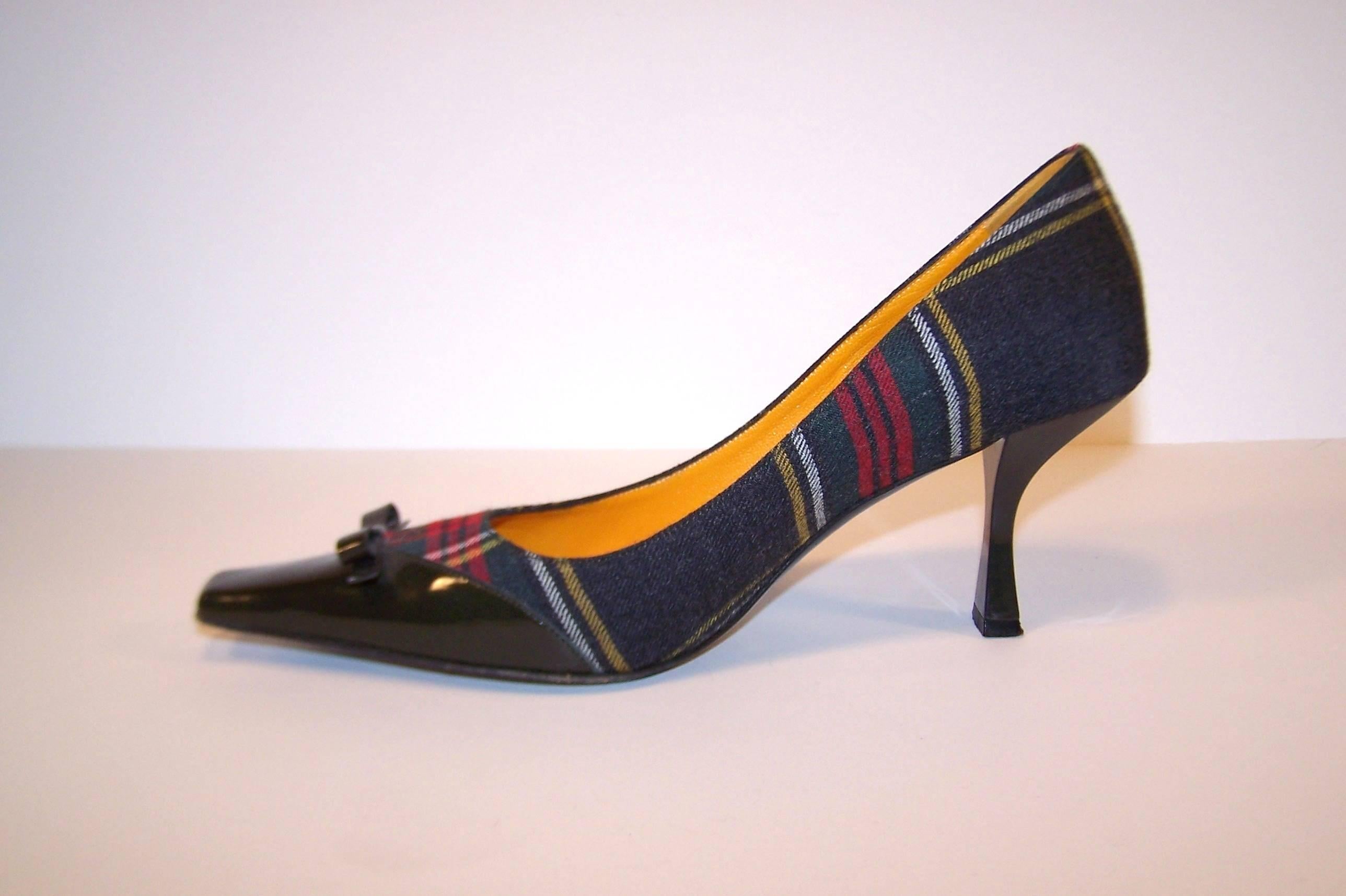Mad For Plaid 1990's Moschino Wool Pumps With Gray Patent Leather ...
