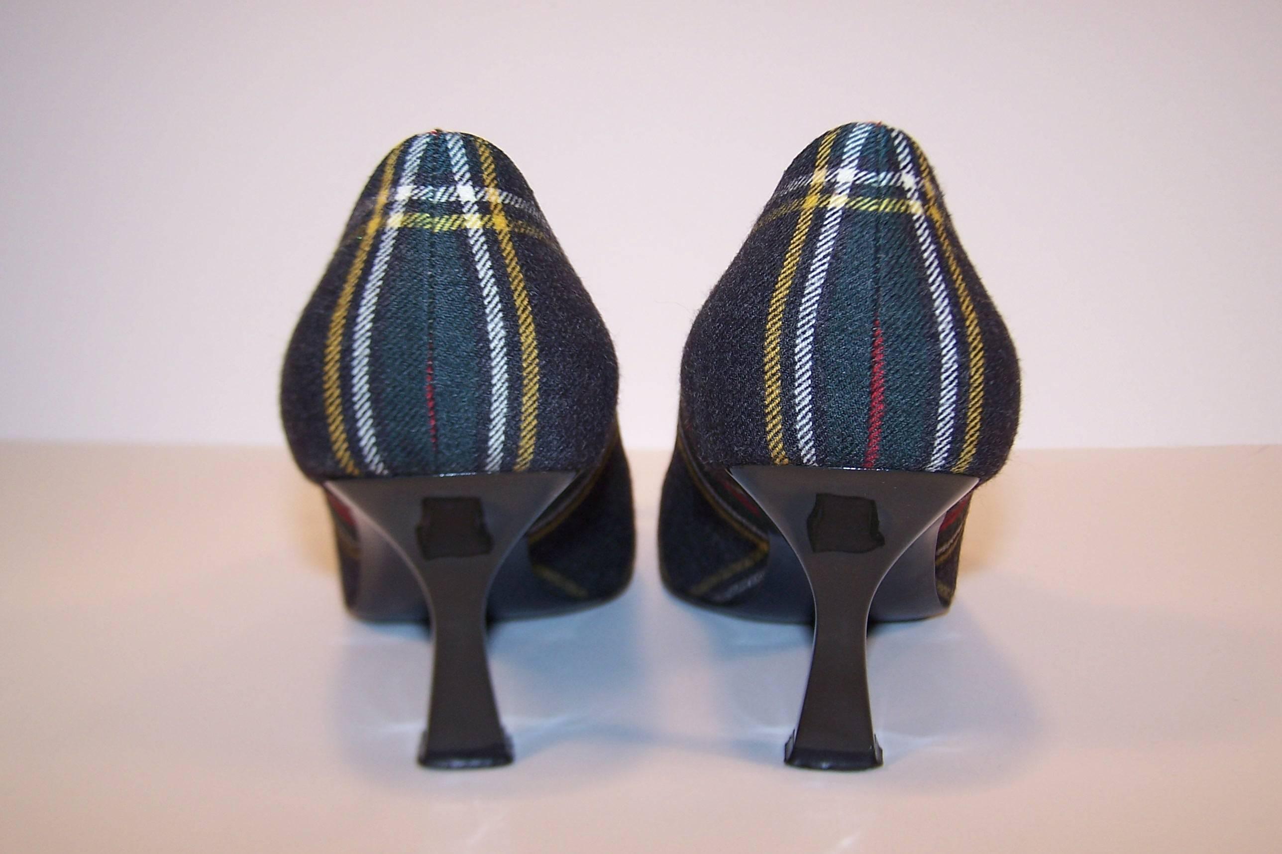 Mad For Plaid 1990's Moschino Wool Pumps With Gray Patent Leather Details 1