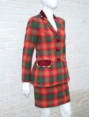 Adorable 1990's Moschino Plaid Skirt Suit With Velvet Heart Buttons