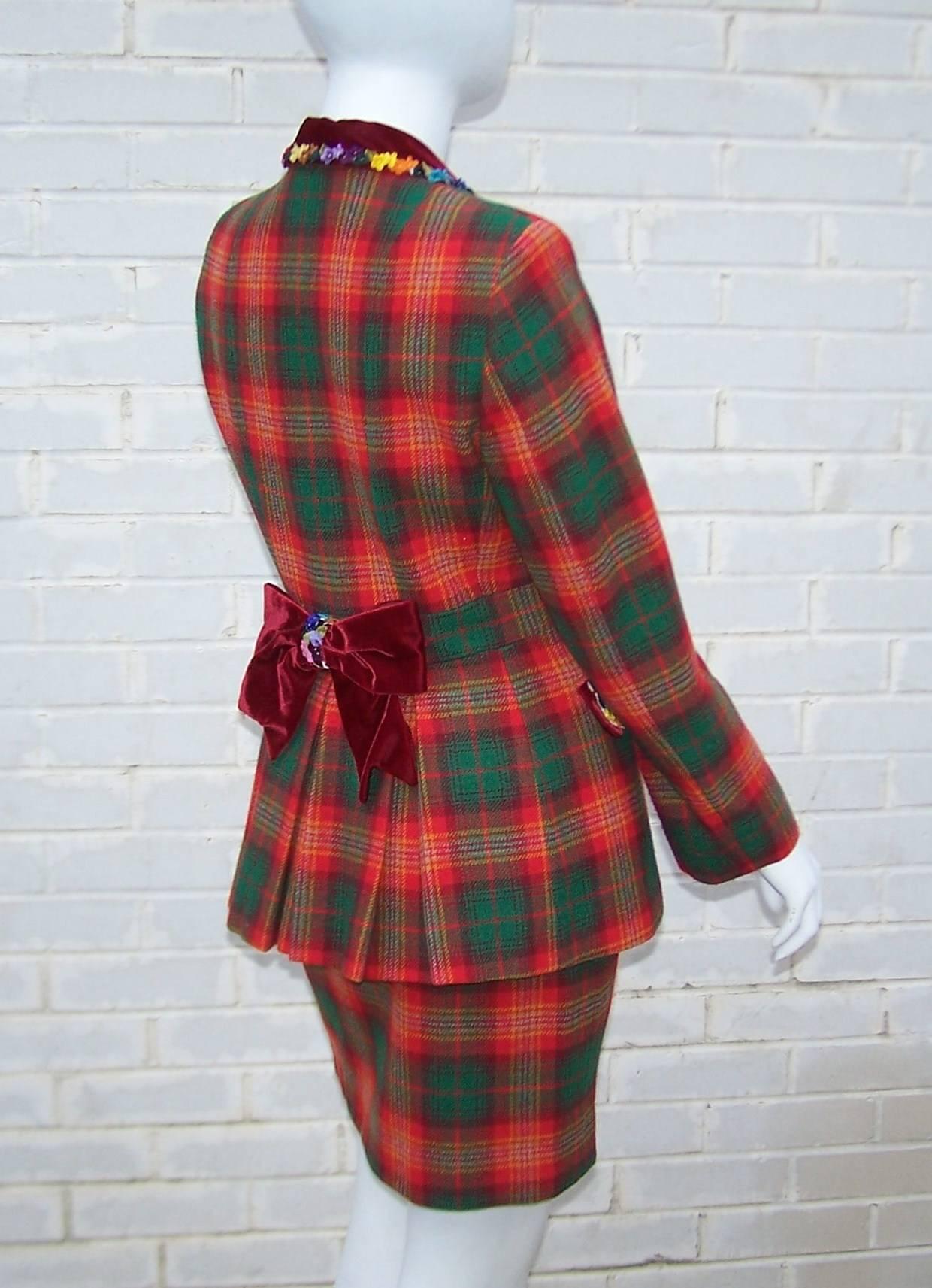 Brown Adorable 1990's Moschino Plaid Skirt Suit With Velvet Heart Buttons