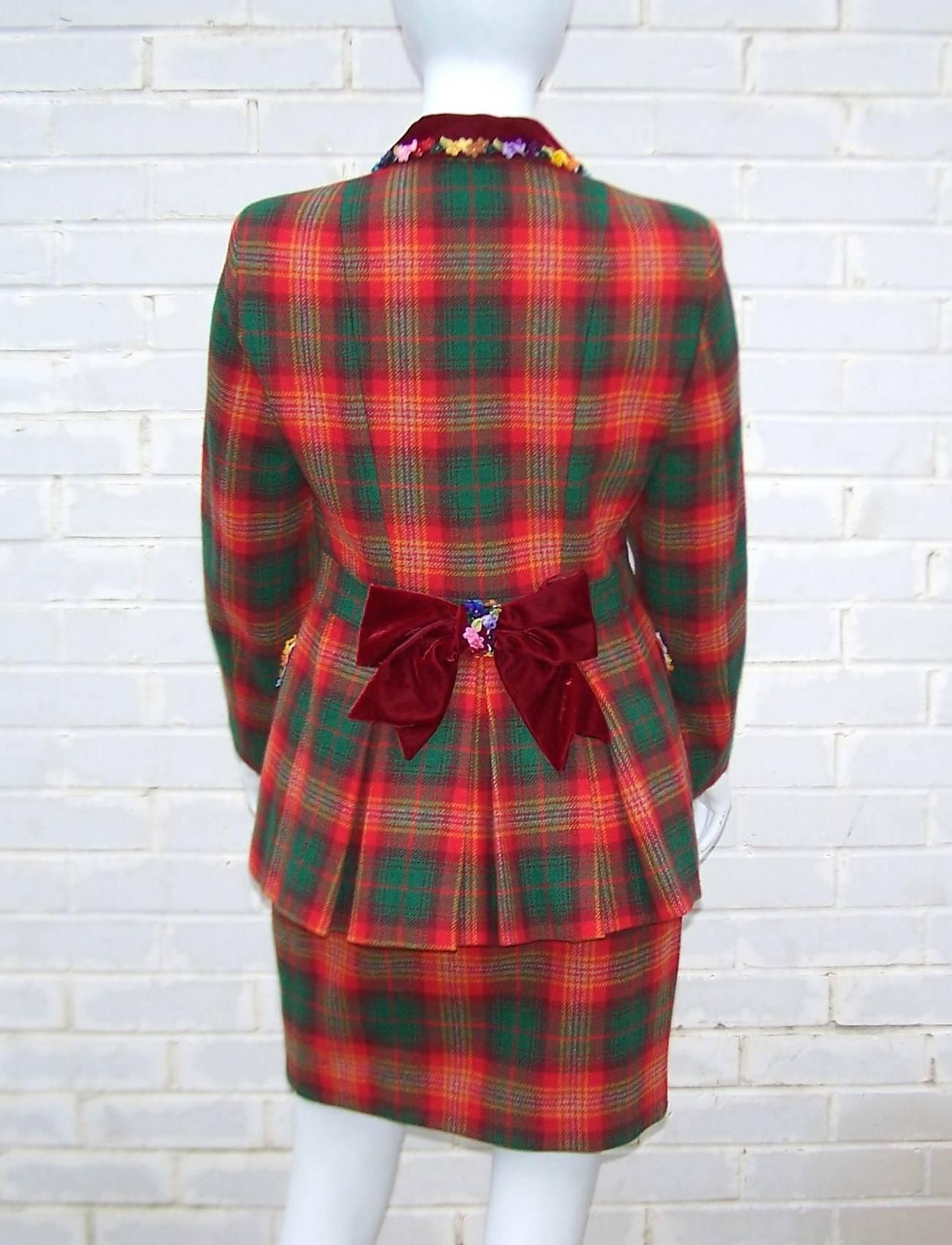 Adorable 1990's Moschino Plaid Skirt Suit With Velvet Heart Buttons In Excellent Condition In Atlanta, GA