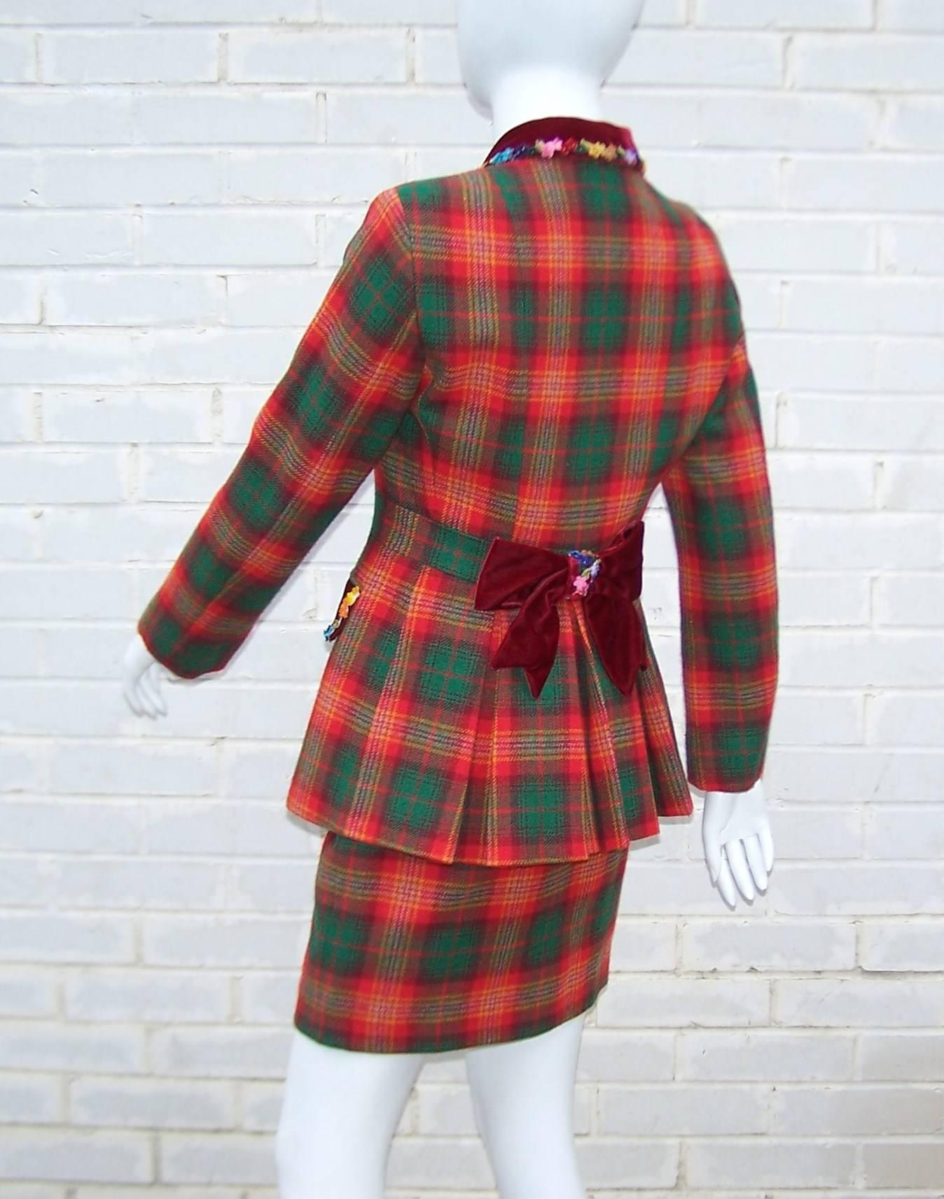Women's Adorable 1990's Moschino Plaid Skirt Suit With Velvet Heart Buttons