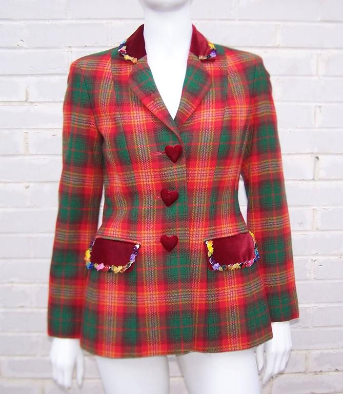 Adorable 1990's Moschino Plaid Skirt Suit With Velvet Heart Buttons at ...
