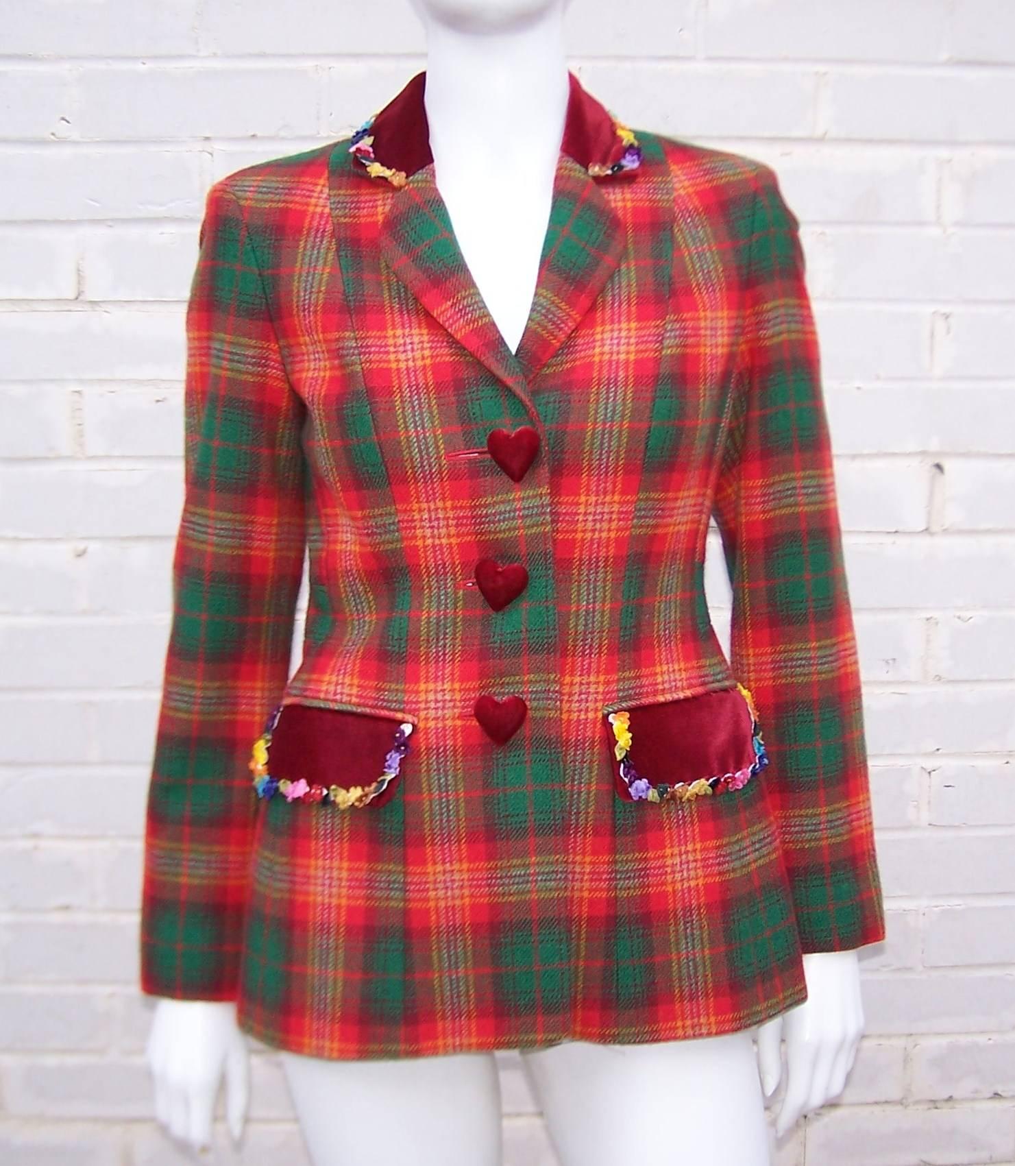 Adorable 1990's Moschino Plaid Skirt Suit With Velvet Heart Buttons 1