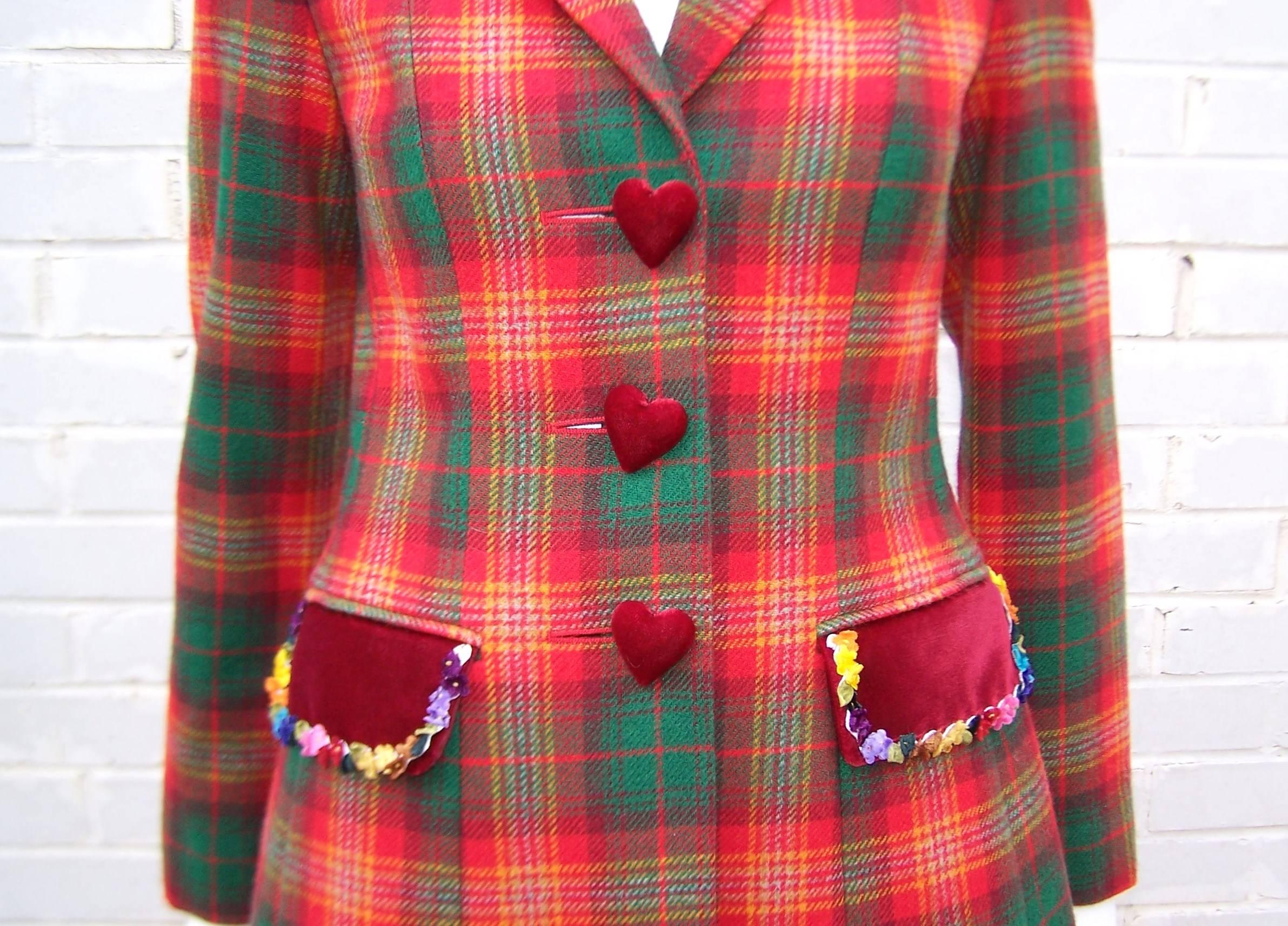 Adorable 1990's Moschino Plaid Skirt Suit With Velvet Heart Buttons 2